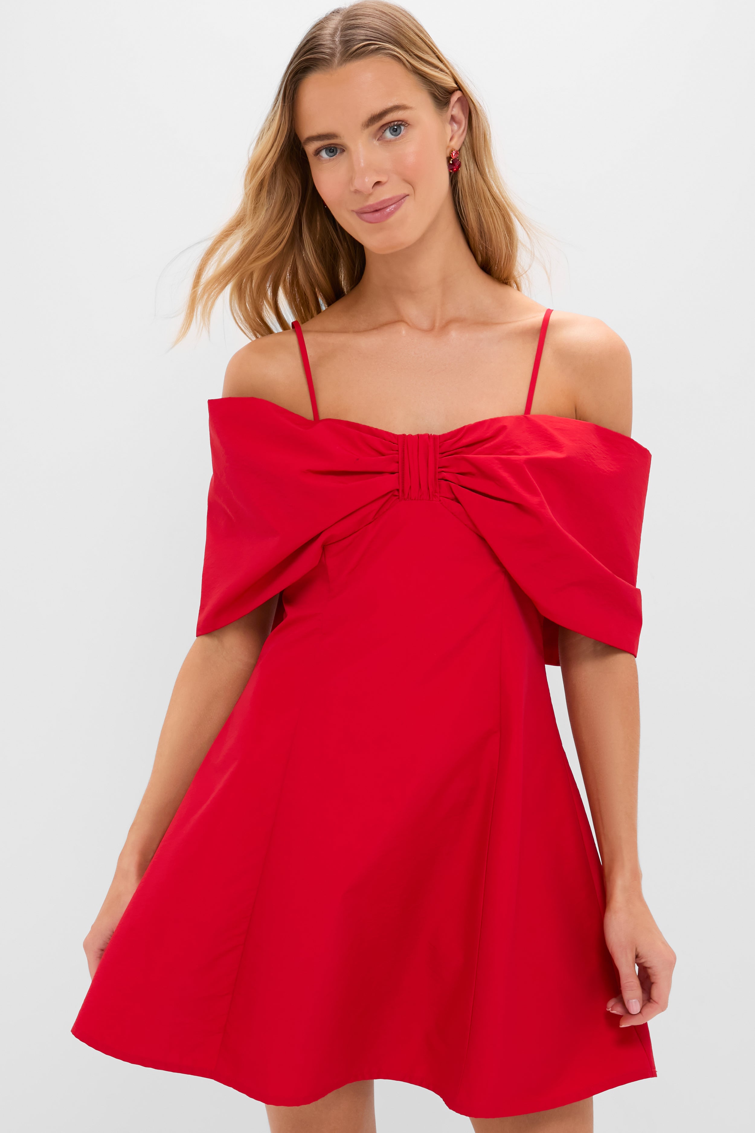 Off-the-Shoulder Red Bow Bates Mini Dress-Beilave