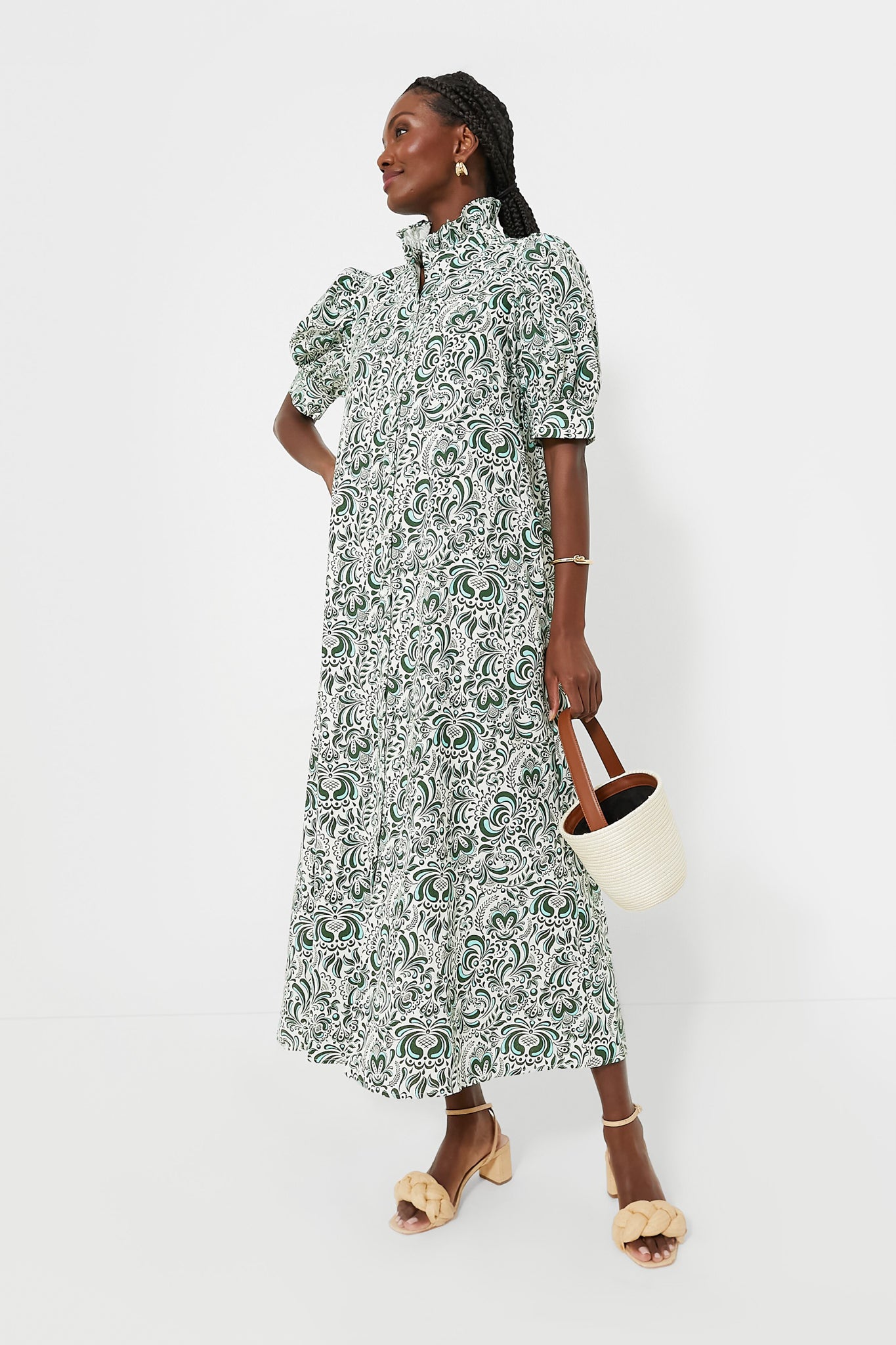 Green Floral Linen Ruffle Collar Louisa Maxi Dress-Beilave