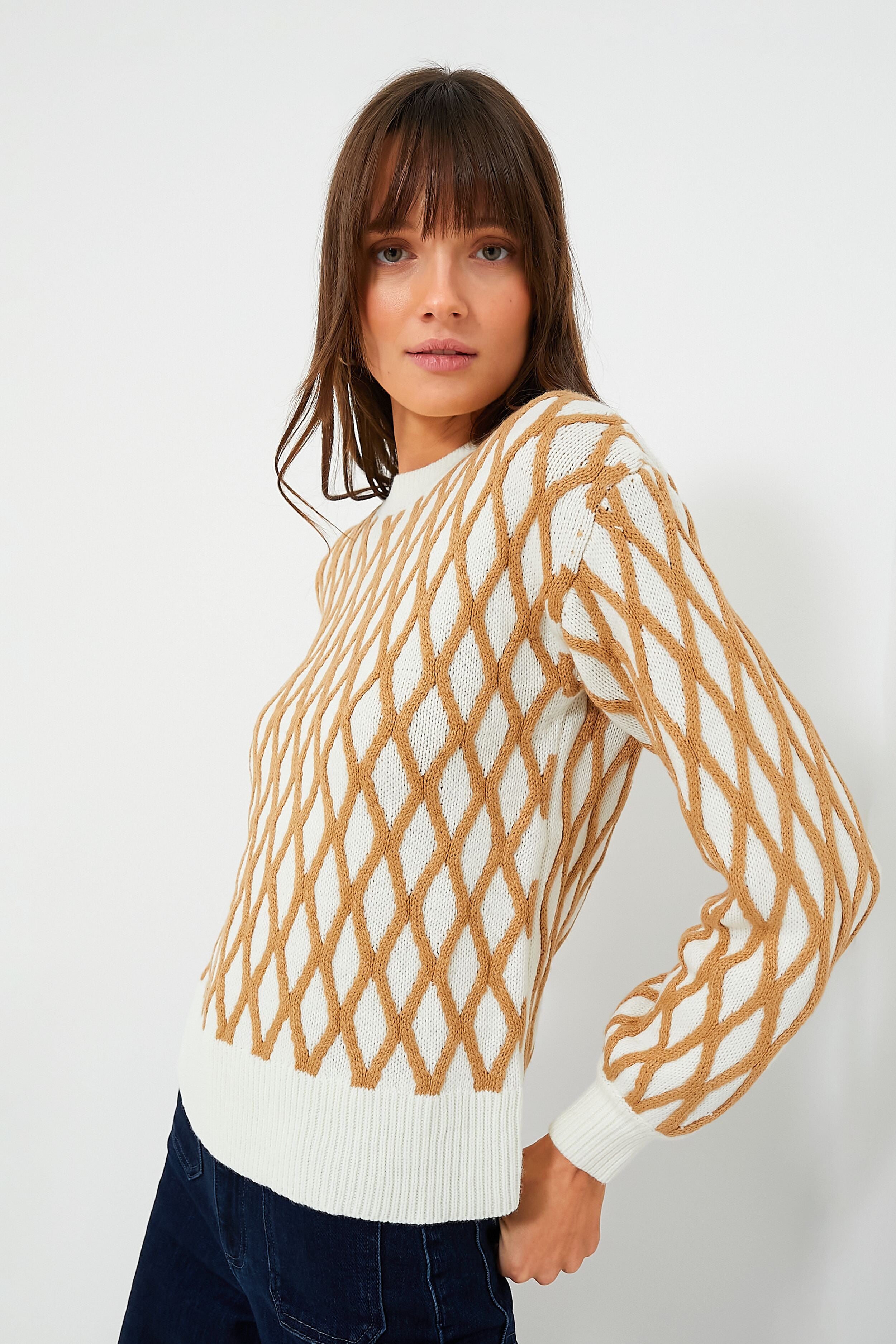 Tan & Cream Toni Trellis Crewneck-Beilave