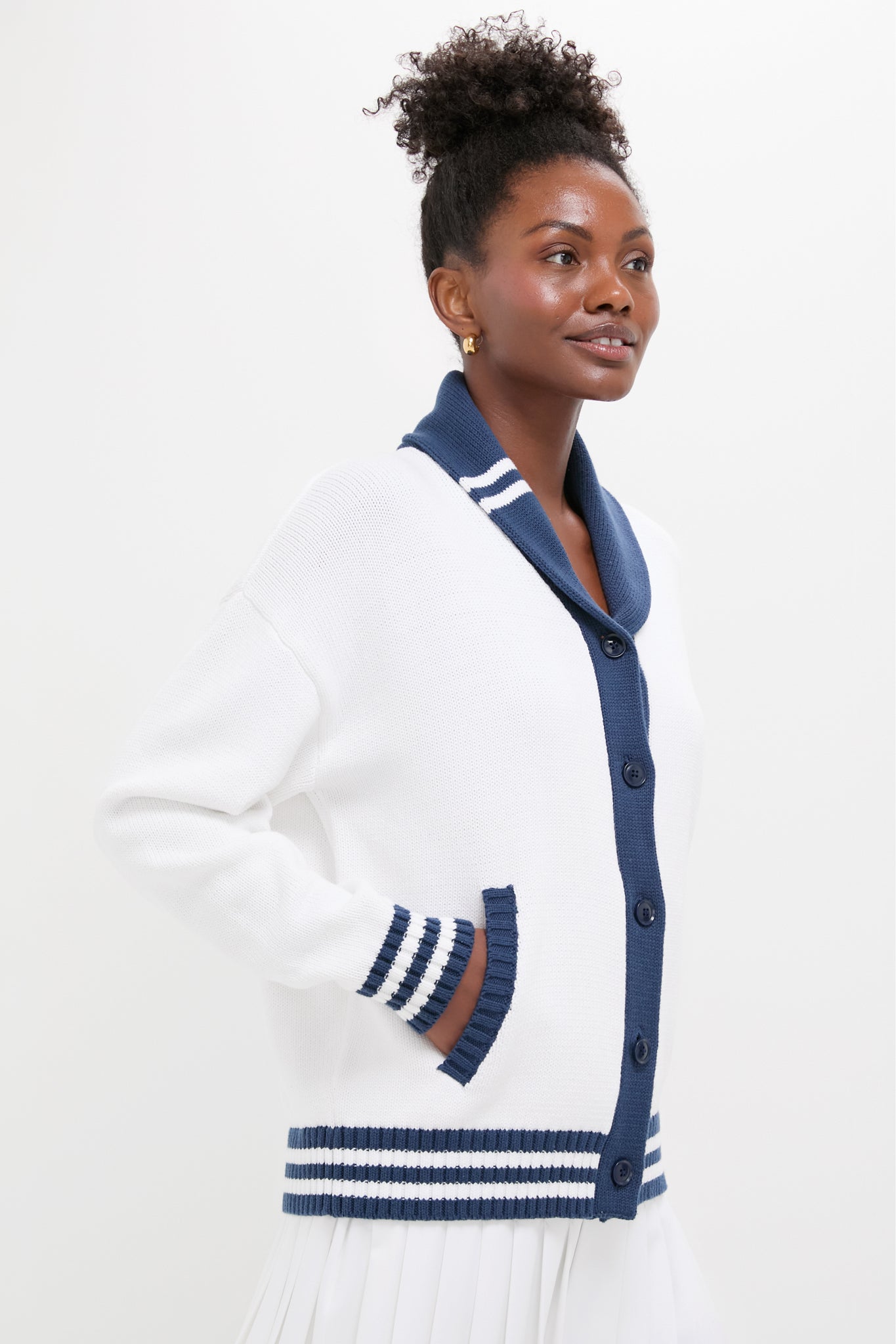 White and Navy Varsity Freya Cardigan-Beilave