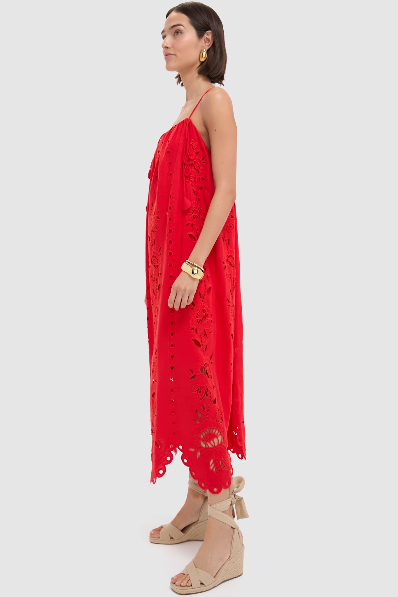 Red Flowers Richilieu Sleeveless Maxi Dress-Beilave