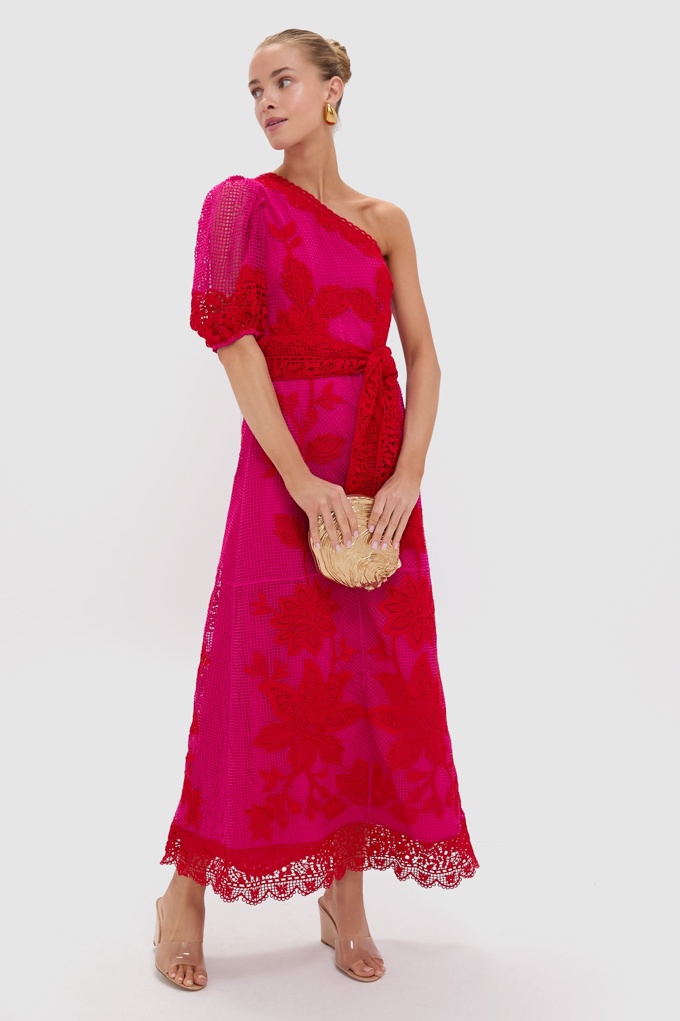 Red Guipuire Bicolor One Shoulder Maxi Dress-Beilave