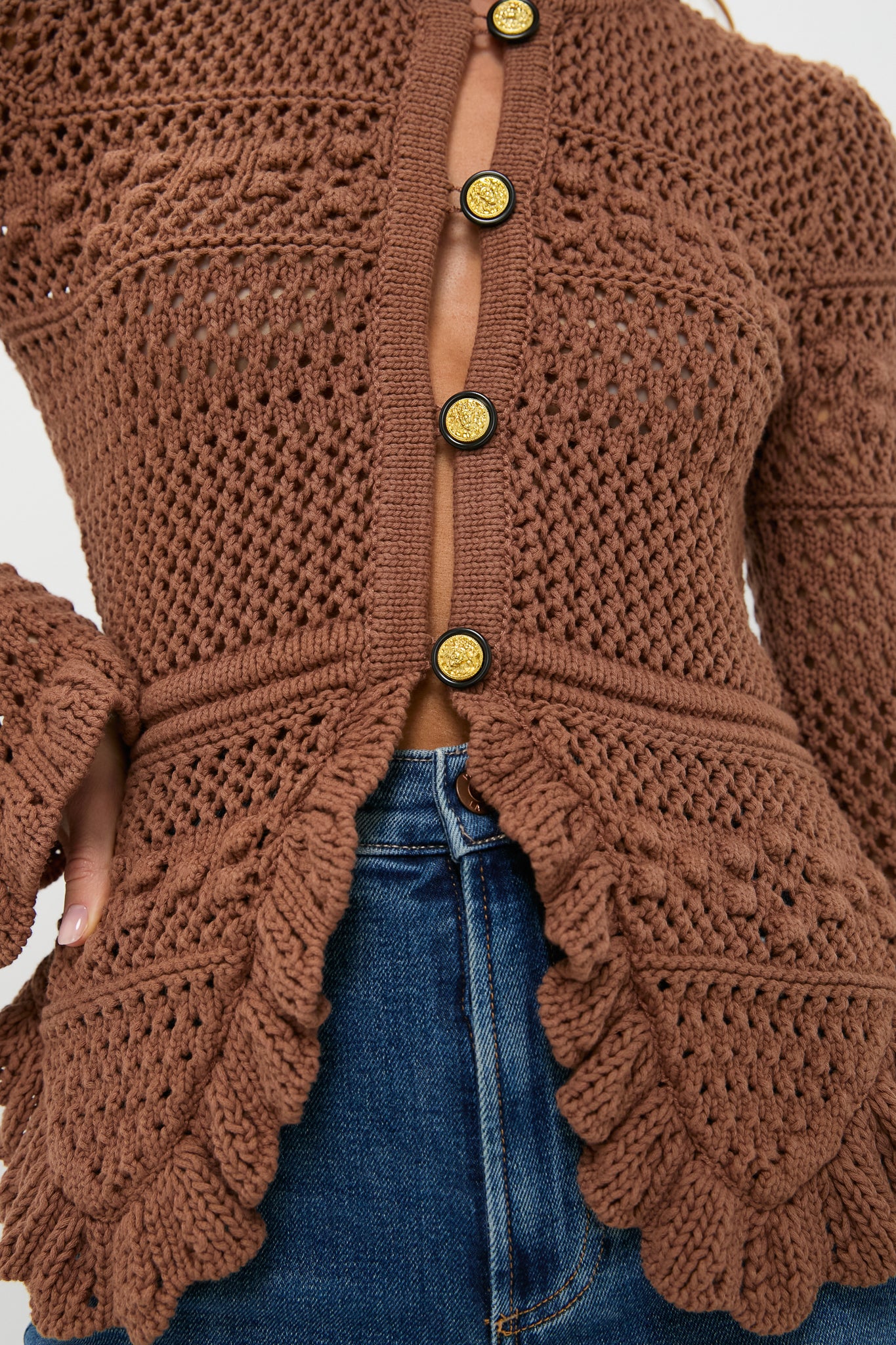 Dark Cinnamon Swirl Kiva Open Stitch Ruffle Cardi-Beilave