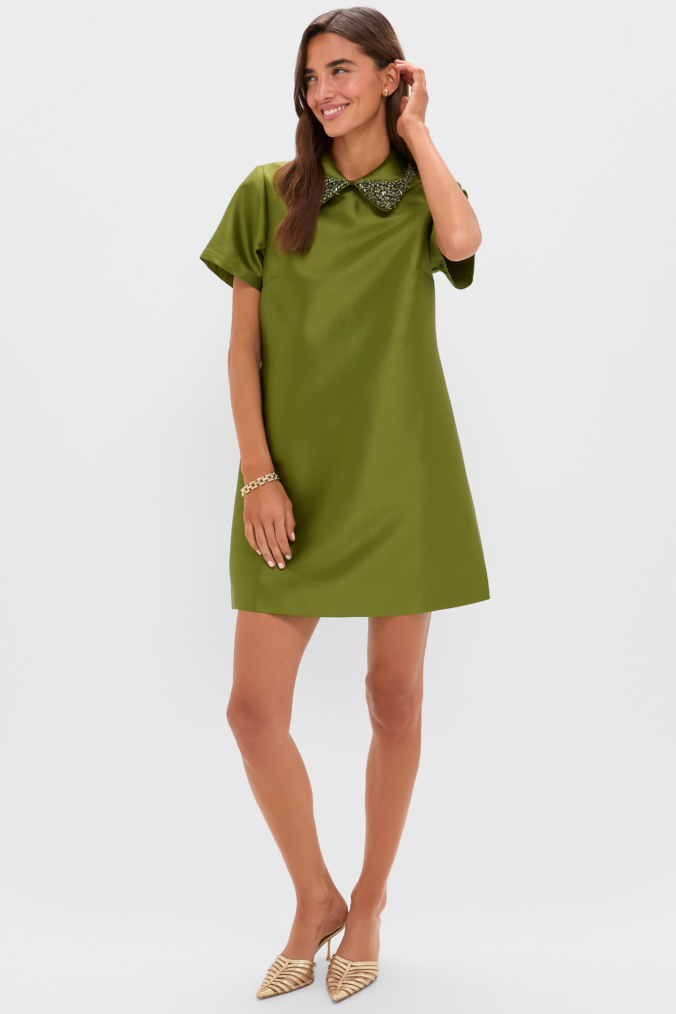 Green Embellished Aurelie Shift Dress-Beilave