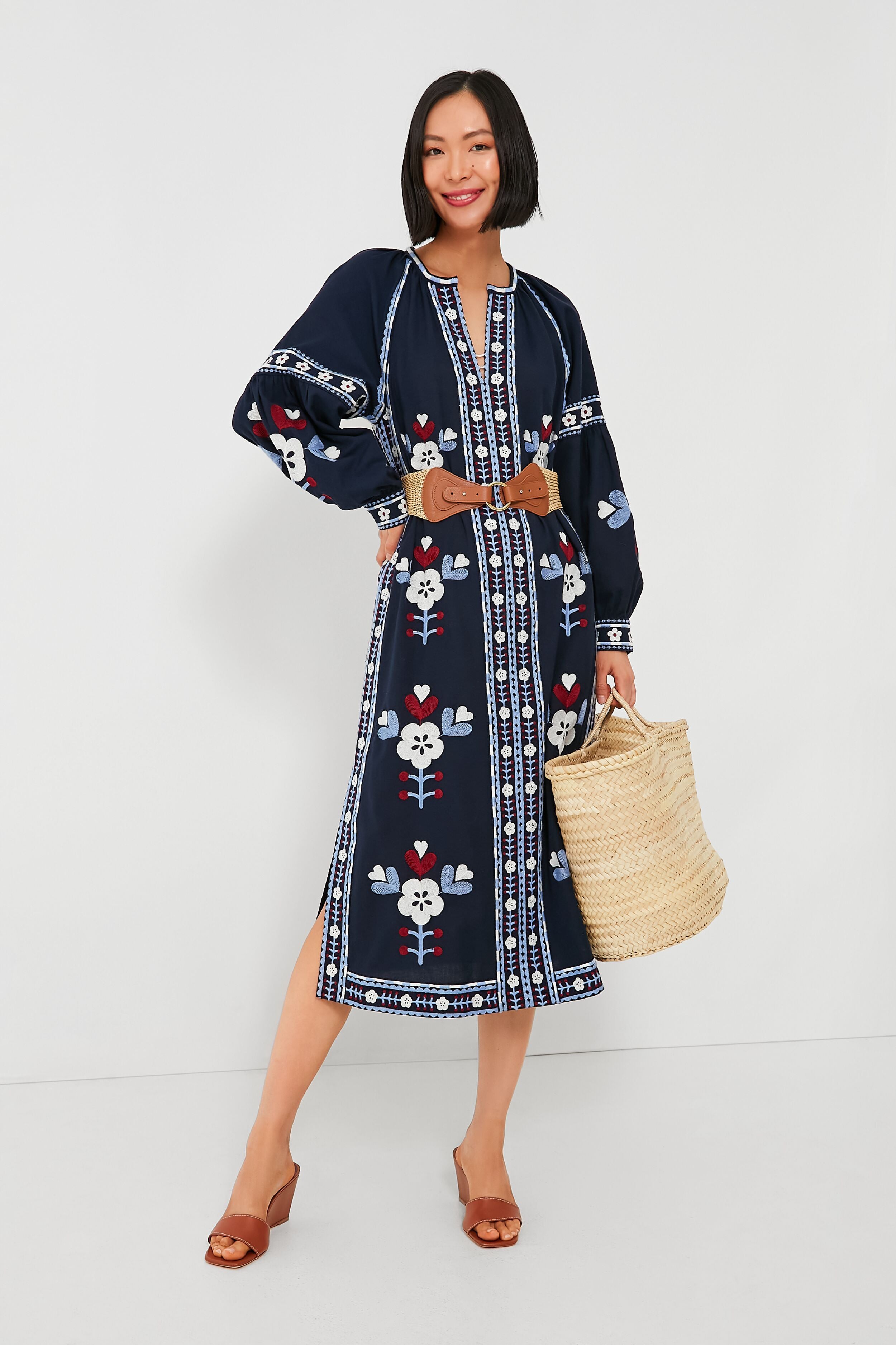 Exclusive Navy Shaina Embroidery Long Sleeve Dress-Beilave