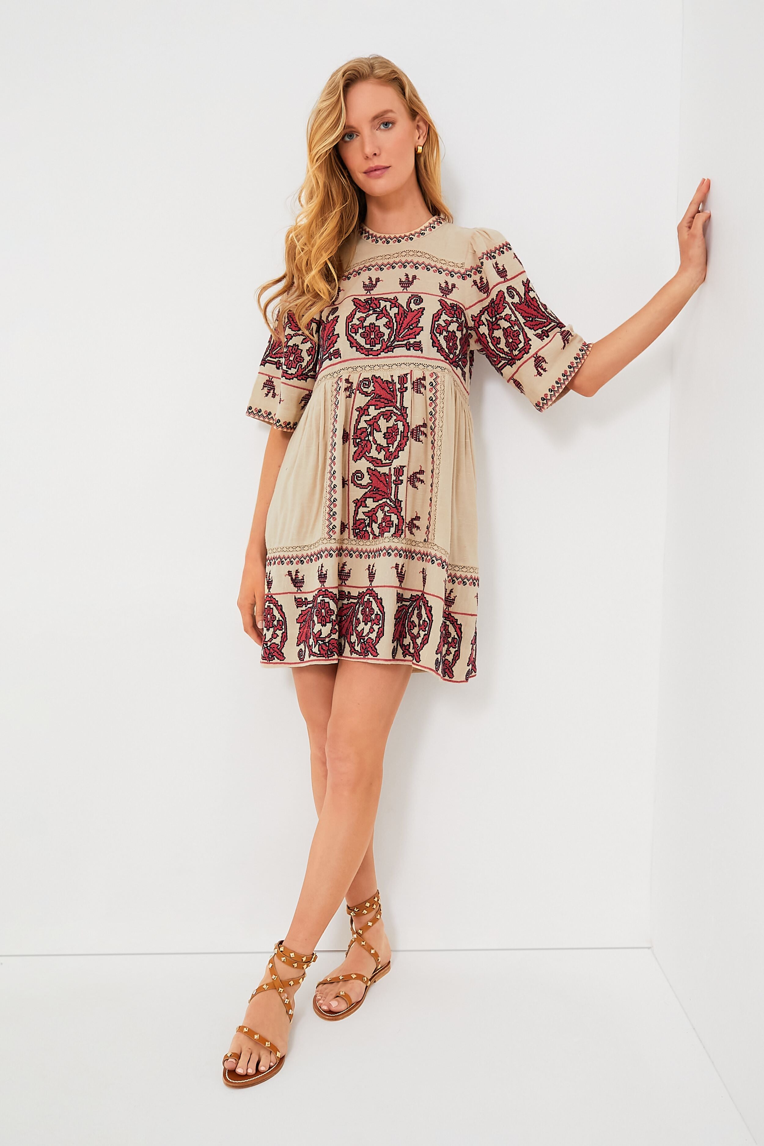 Taupe Beena Embroidery Shortsleeve Dress-Beilave