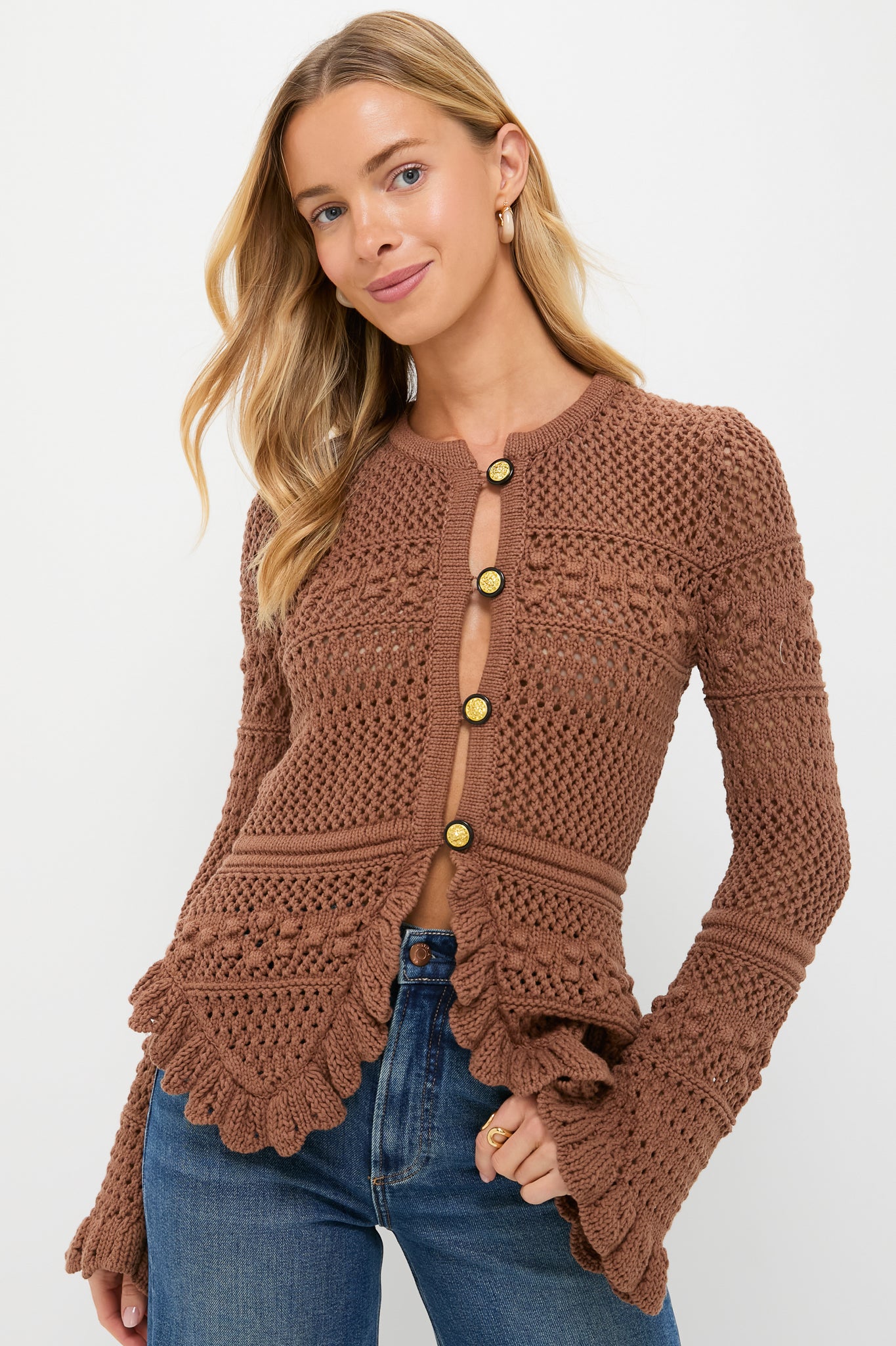 Dark Cinnamon Swirl Kiva Open Stitch Ruffle Cardi-Beilave