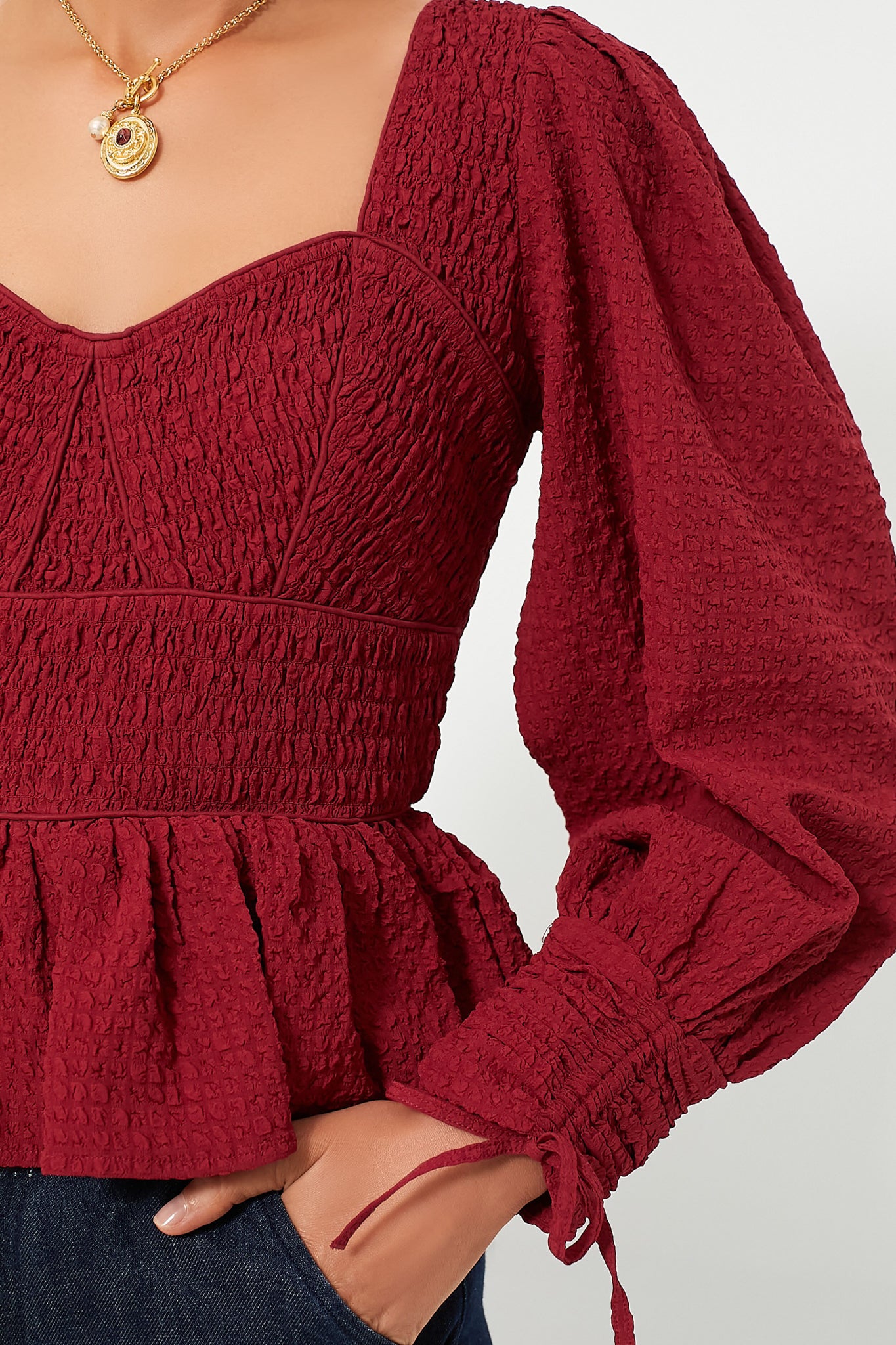 Red Regina Seersucker Longsleeve Top-Beilave