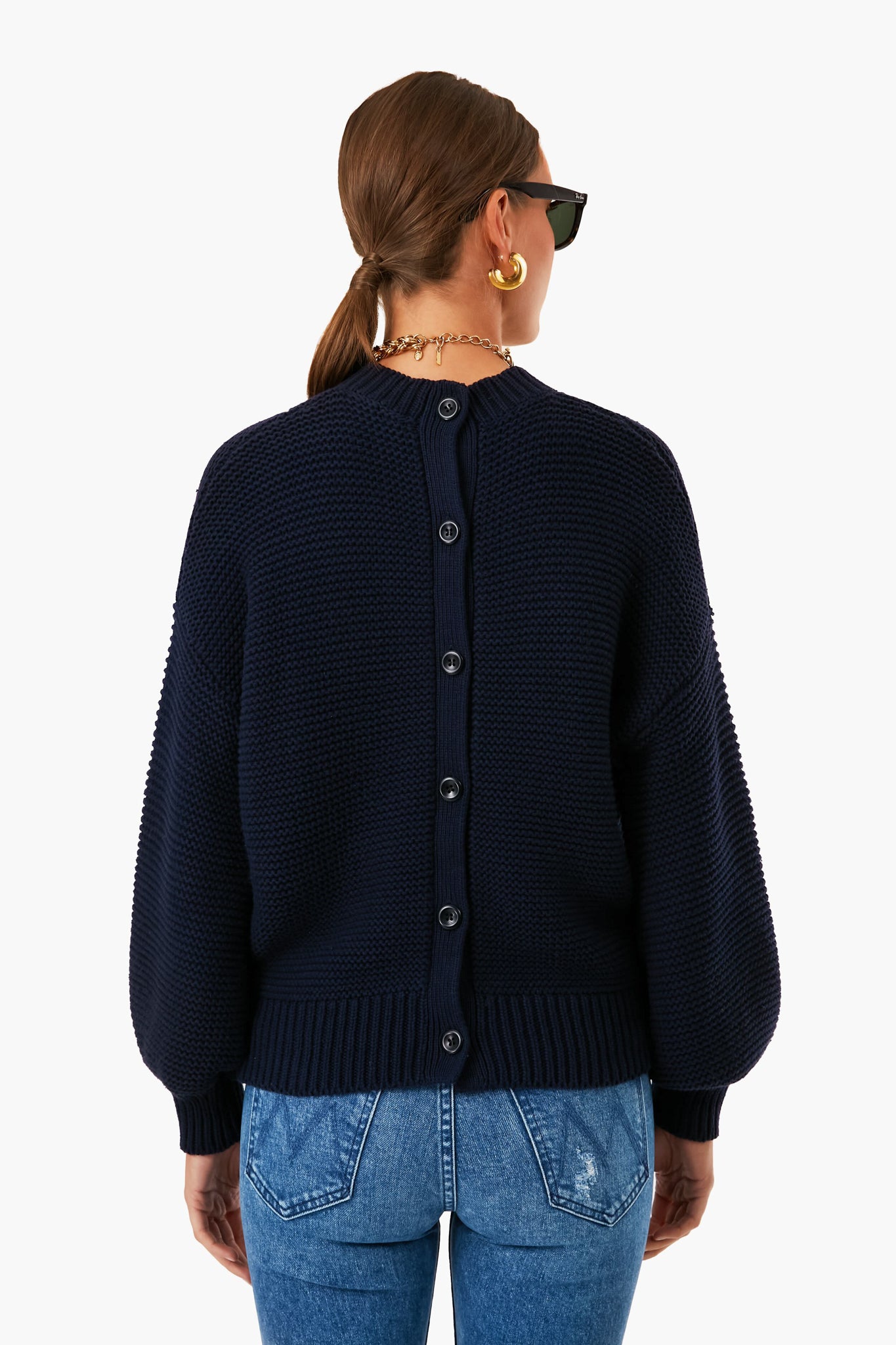 Dark Navy Button Back Crewneck Sweater-Beilave