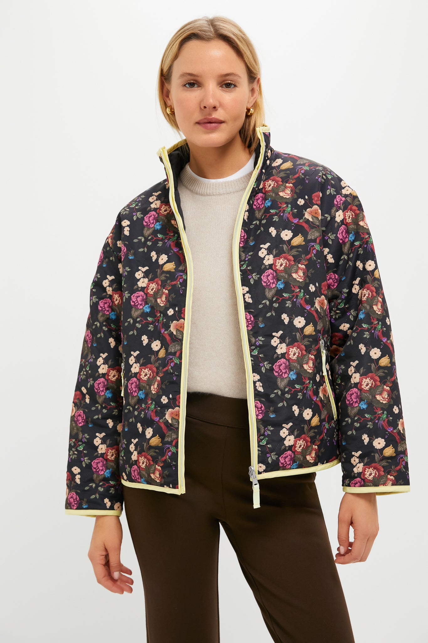 Reversible Black and Baroque Floral Quilted Mallory Jacket-Beilave