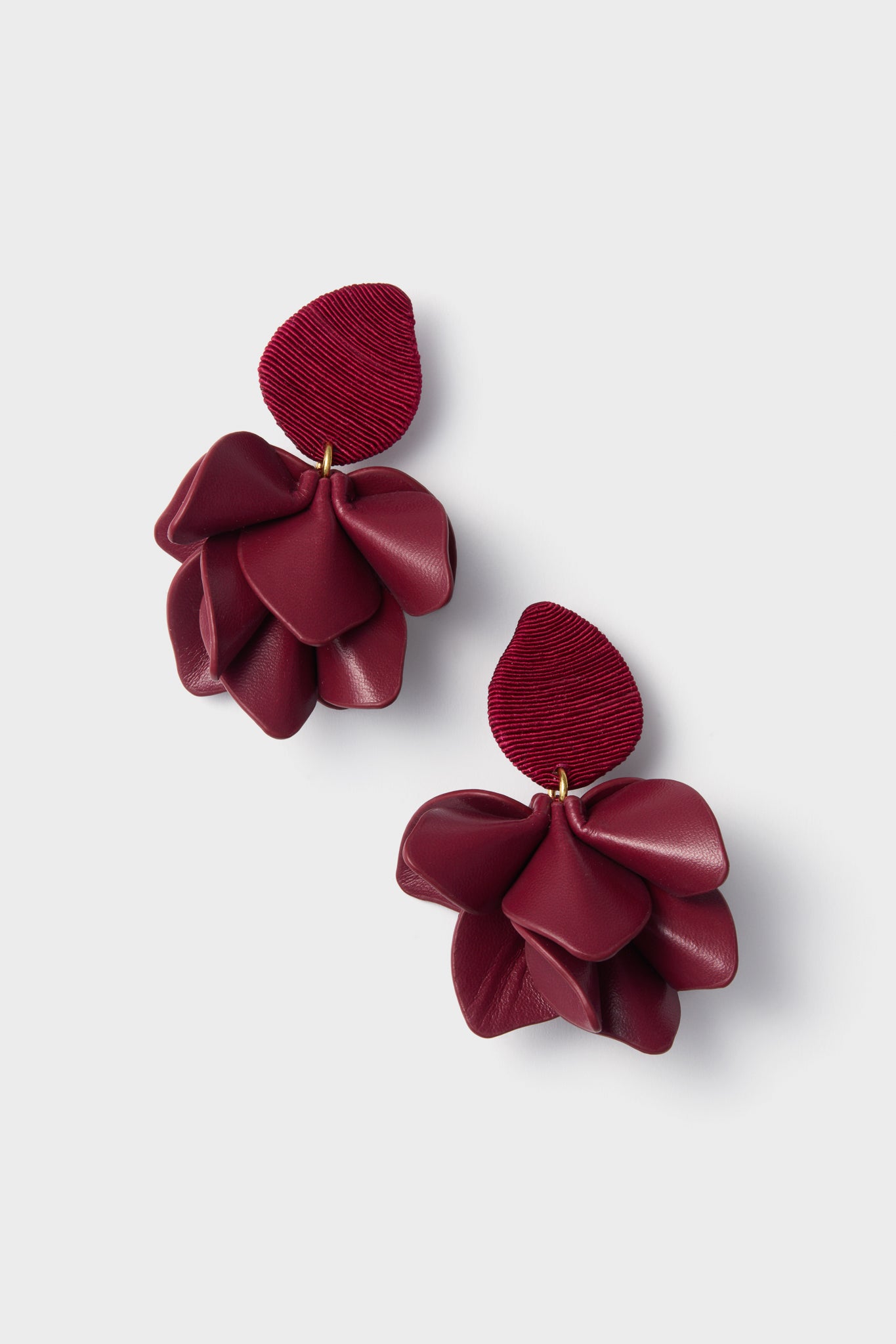 Oxblood Silk and Leather Orchid Earrings-Beilave
