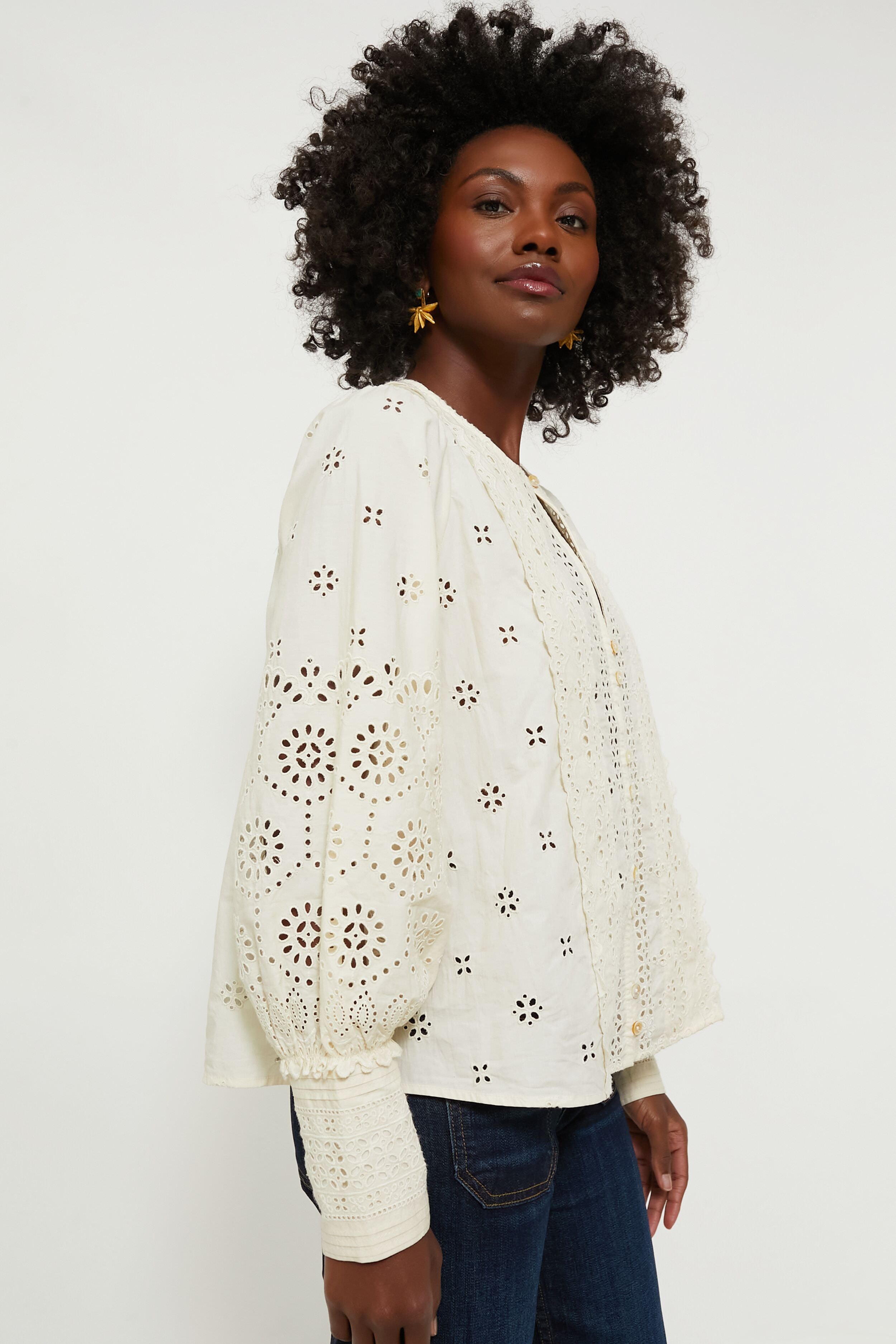Cream Lainey Eyelet Longsleeve Top-Beilave