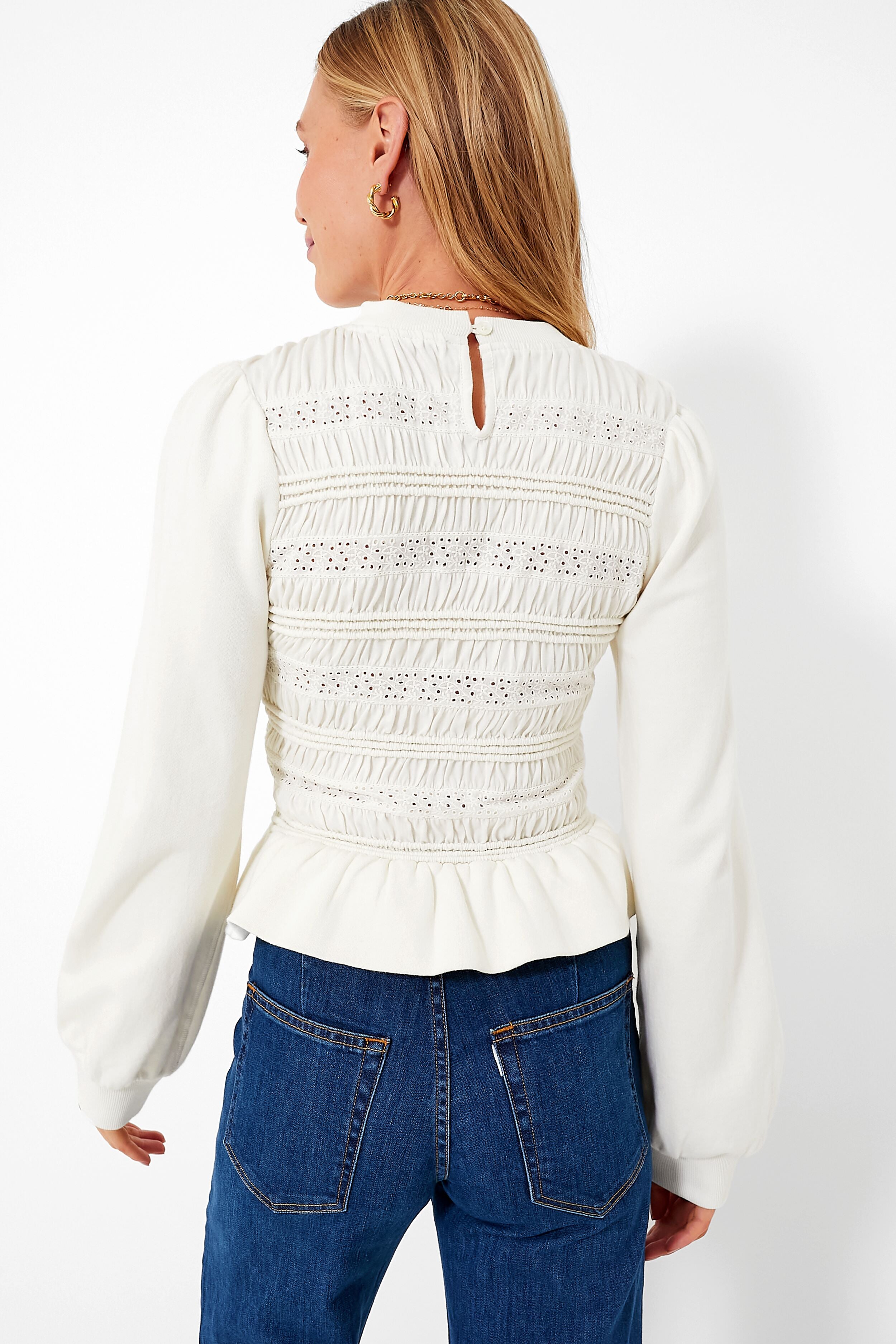 Cream Rita Jersey Long Sleeve Smocked Top-Beilave