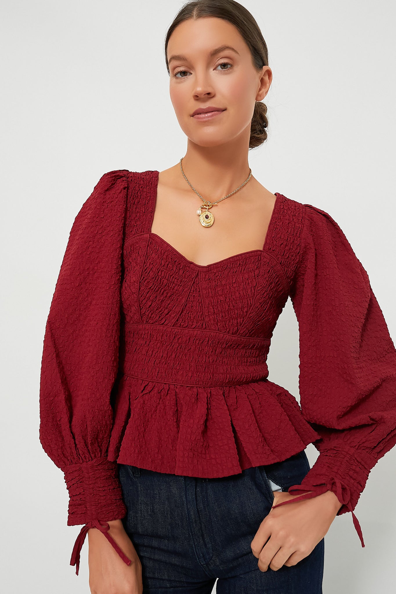 Red Regina Seersucker Longsleeve Top-Beilave