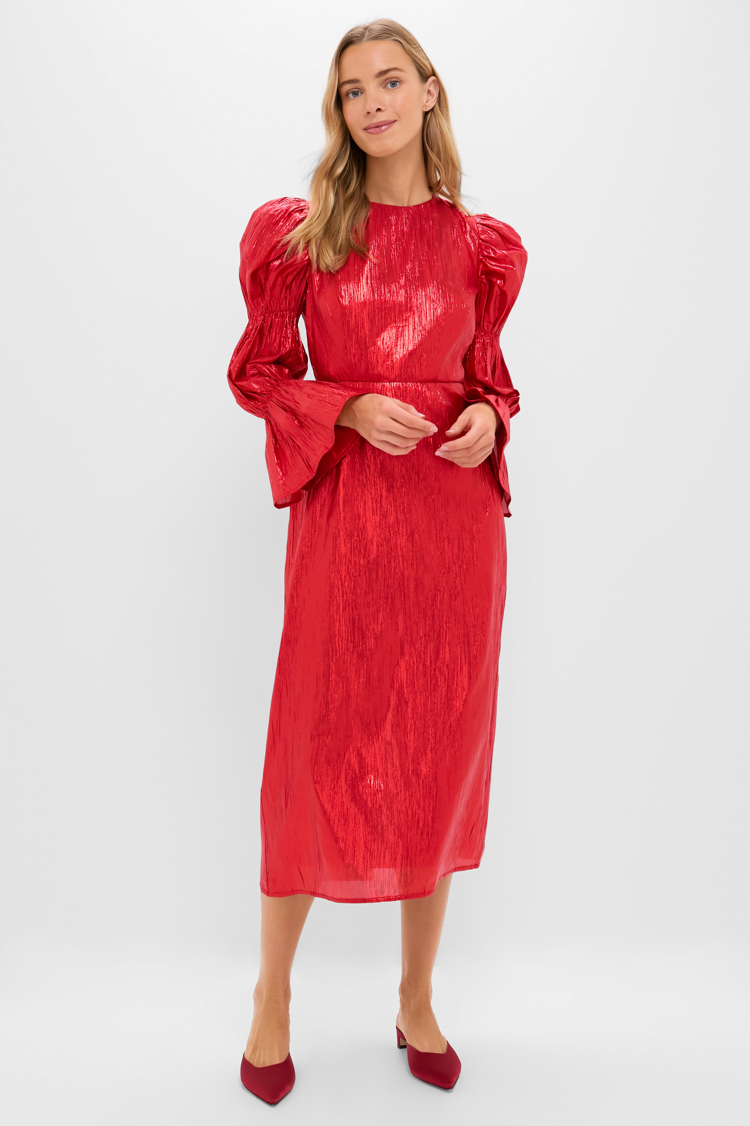 Red Metallic Plisse Puff Sleeve Darcy Midi Dress-Beilave