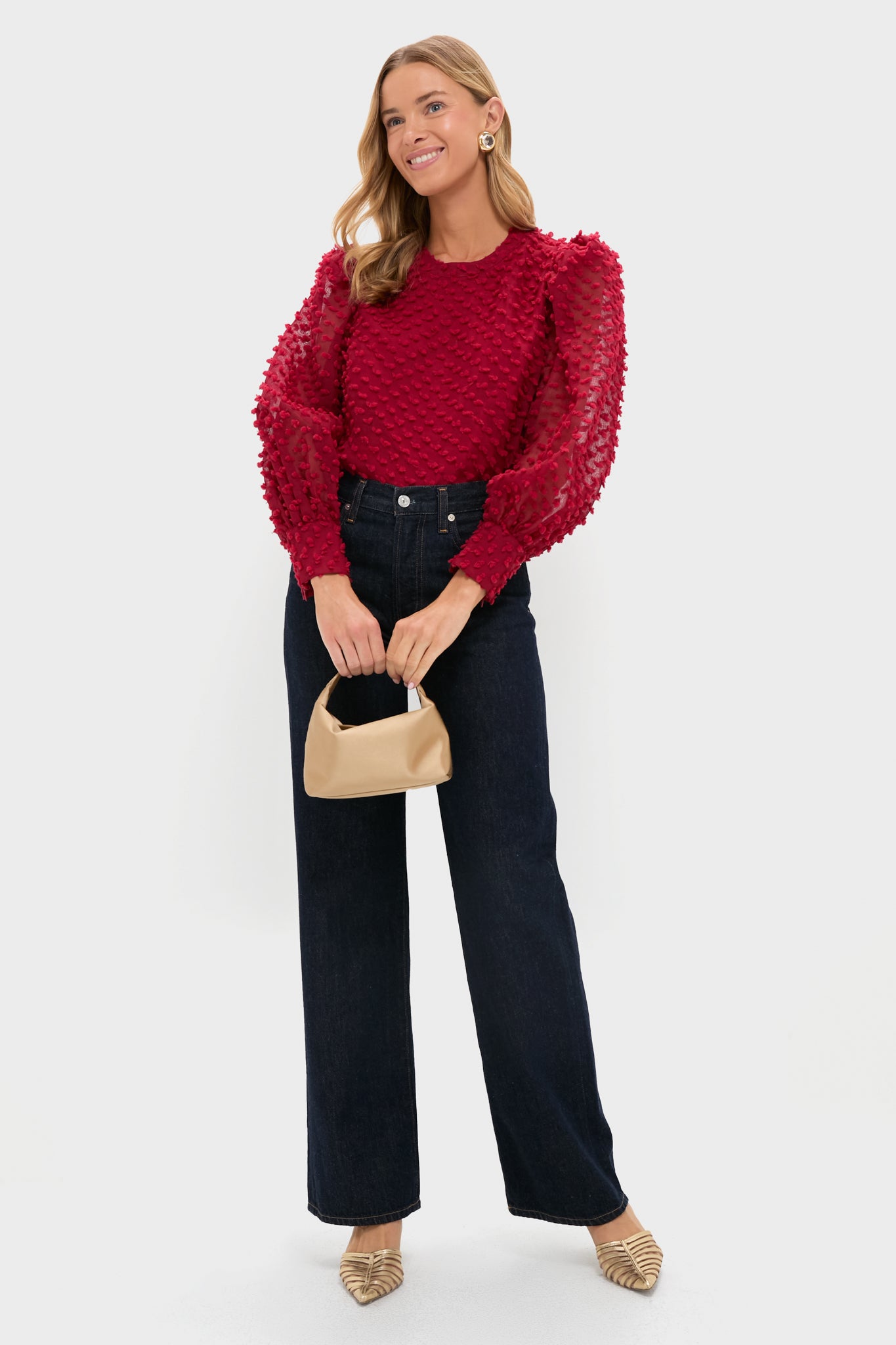 Red Textured Long Sleeve Harriet Blouse-Beilave
