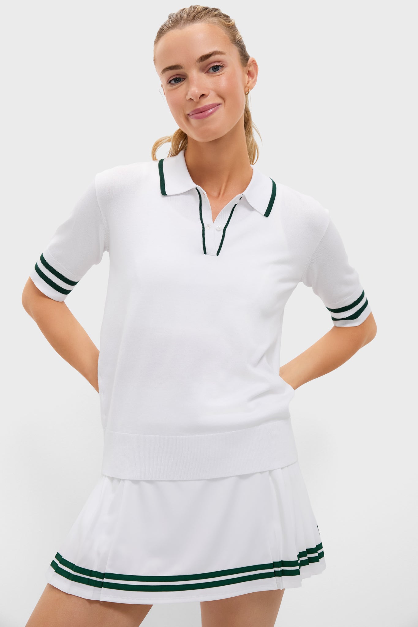 White and Green Short Sleeve Performance Knit Nora Sweater Polo-Beilave