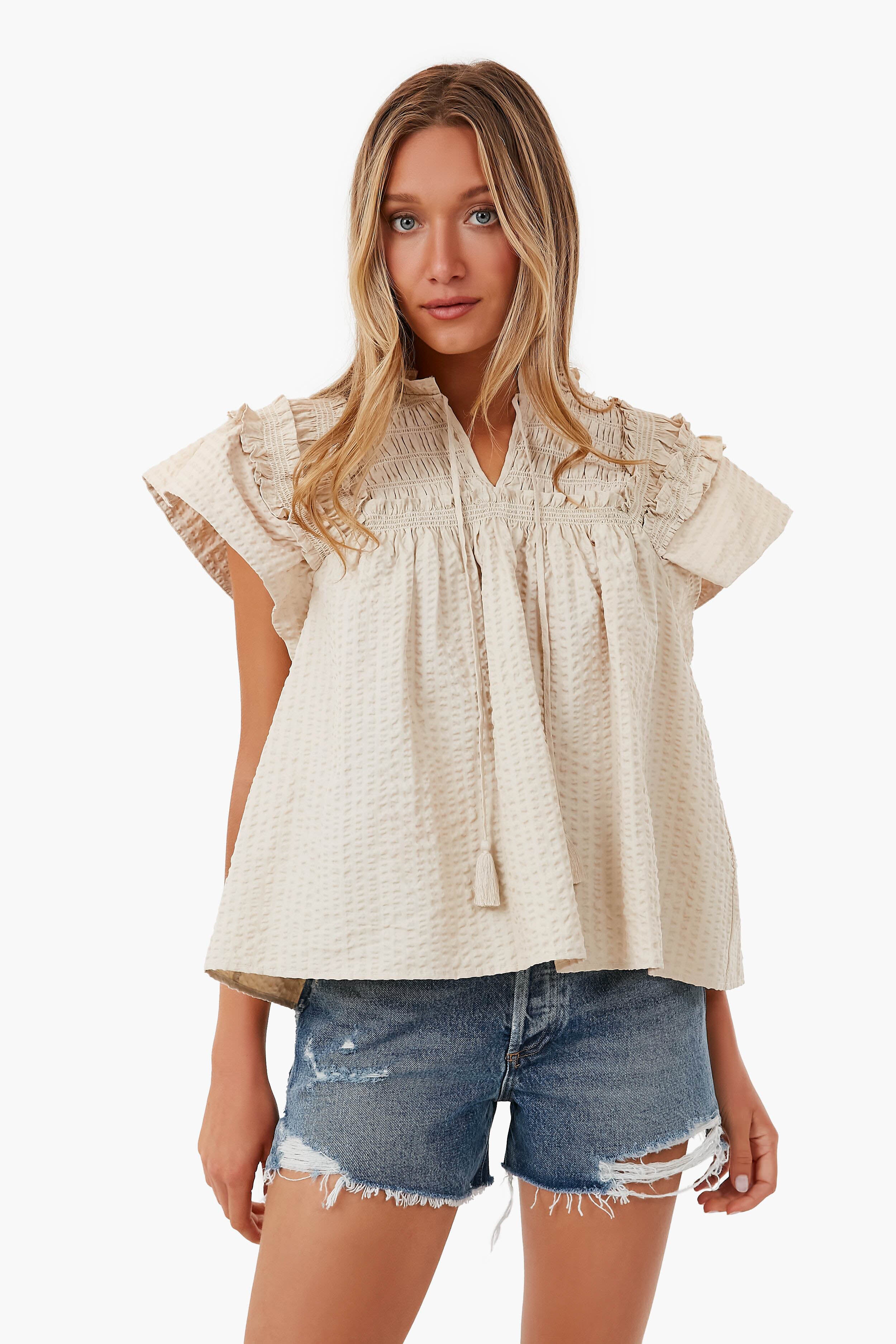 Cream Sevyn Solid Seersucker Short Sleeve Top-Beilave