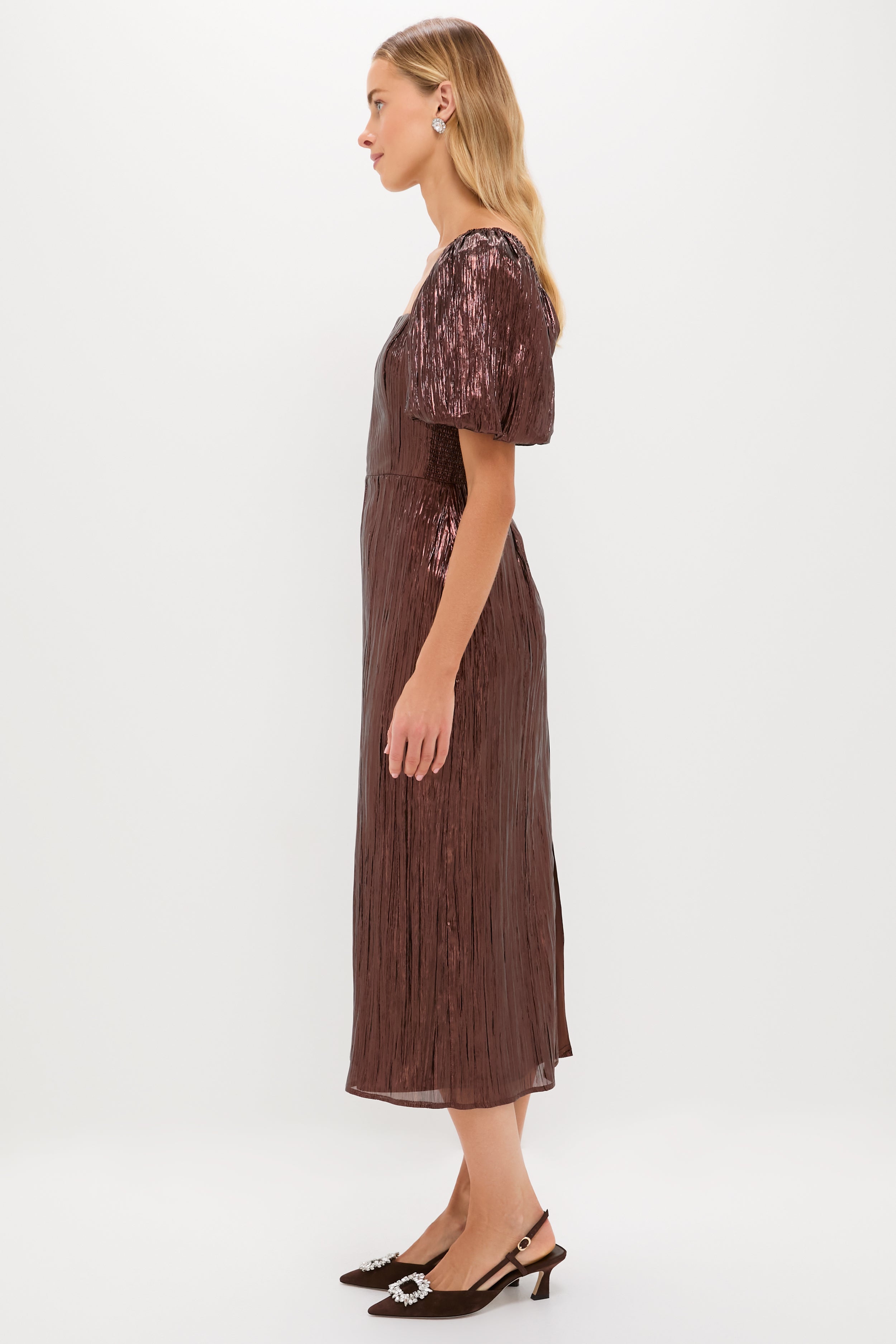 Bronze Metallic Plisse Gladys Puff Sleeve Midi Dress-Beilave