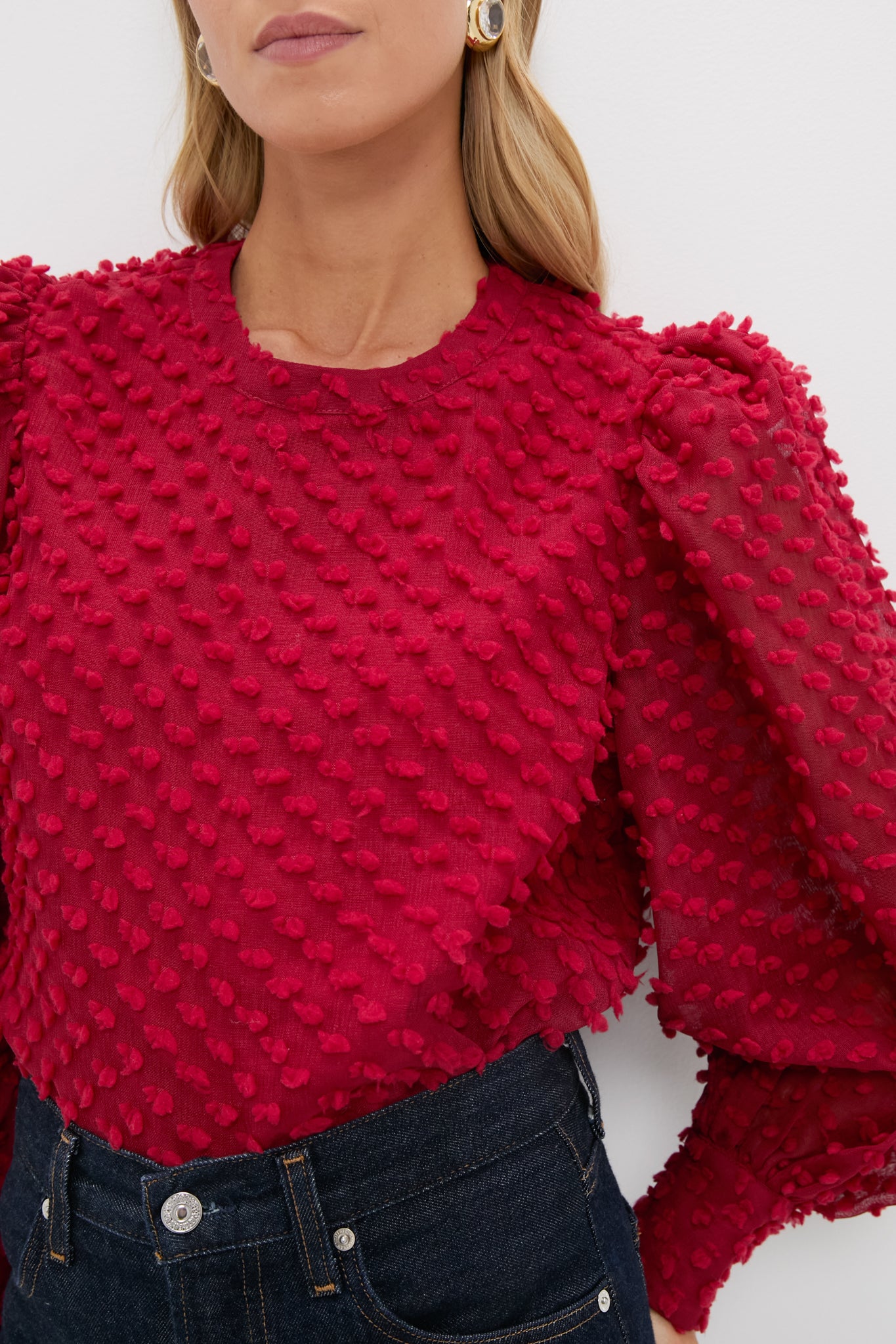 Red Textured Long Sleeve Harriet Blouse-Beilave