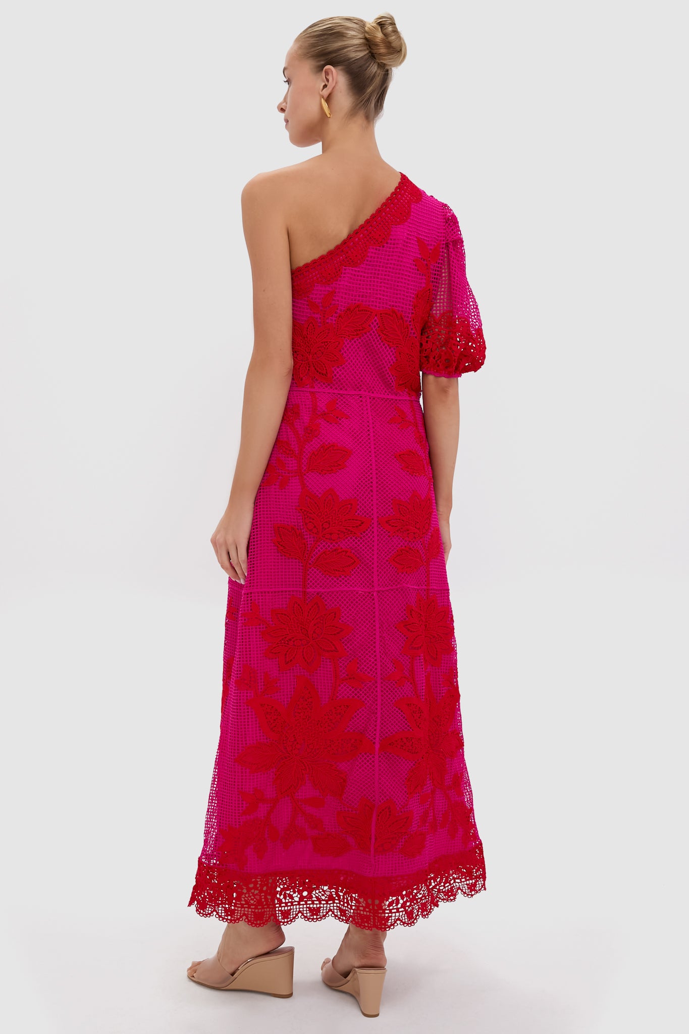 Red Guipuire Bicolor One Shoulder Maxi Dress-Beilave