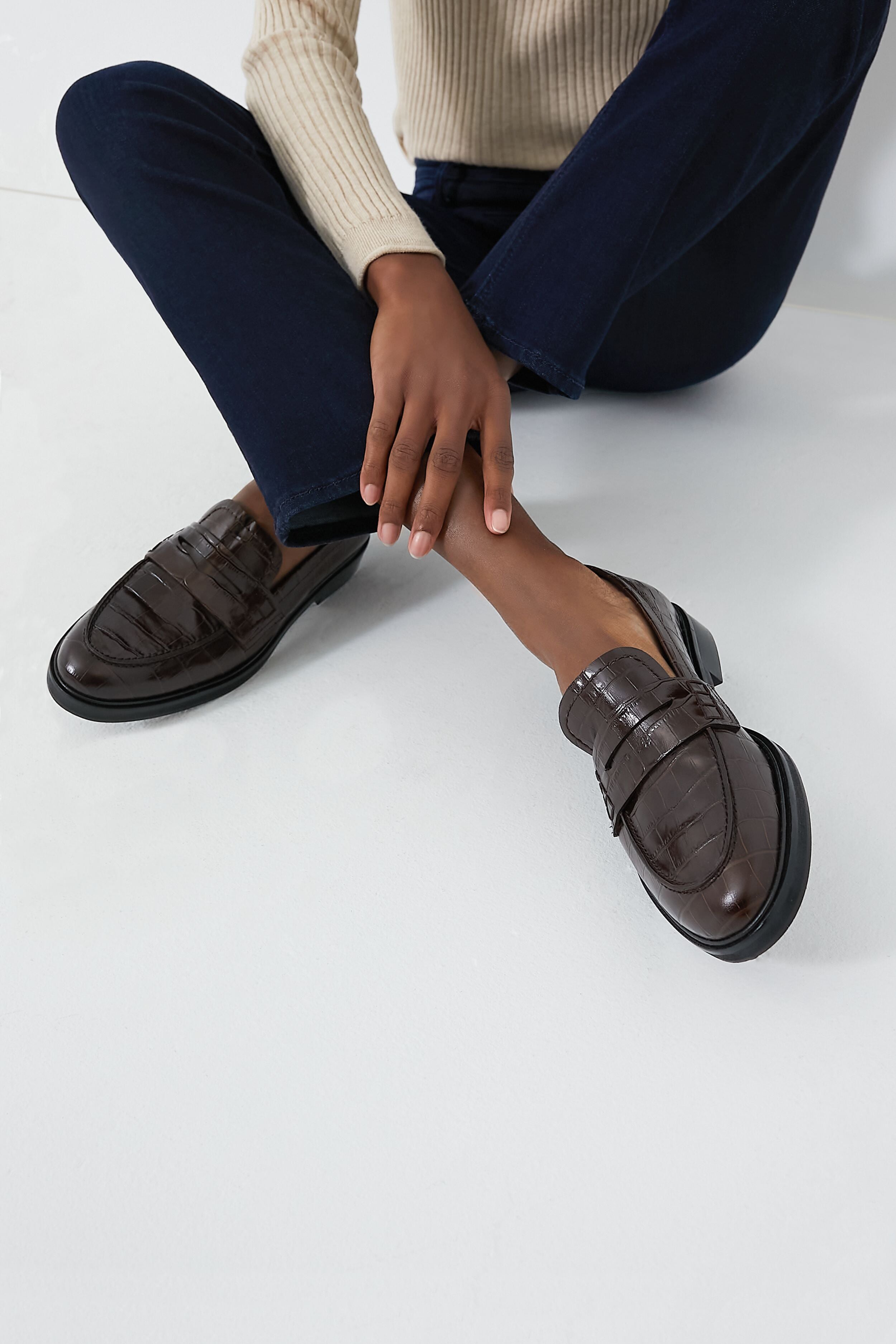 Brown Croc Leather Sara Loafers-Beilave