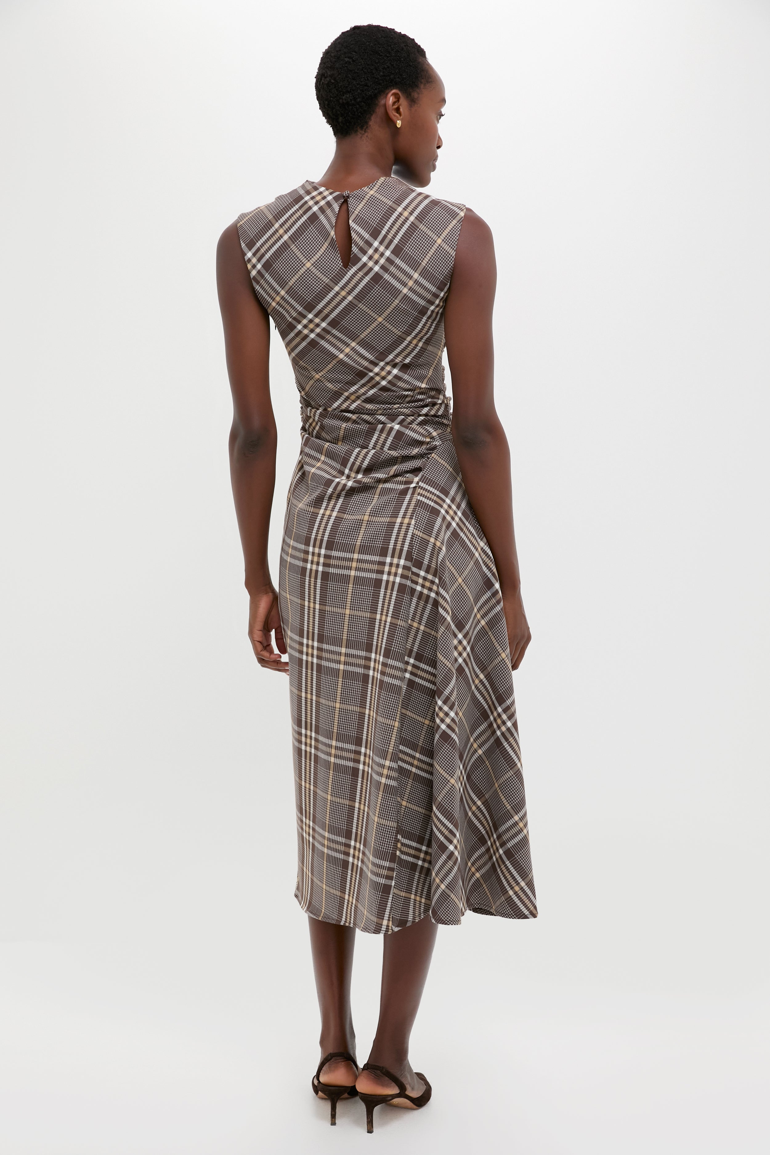 Chocolate Plaid Burke Sleeveless Draped Midi Dress-Beilave