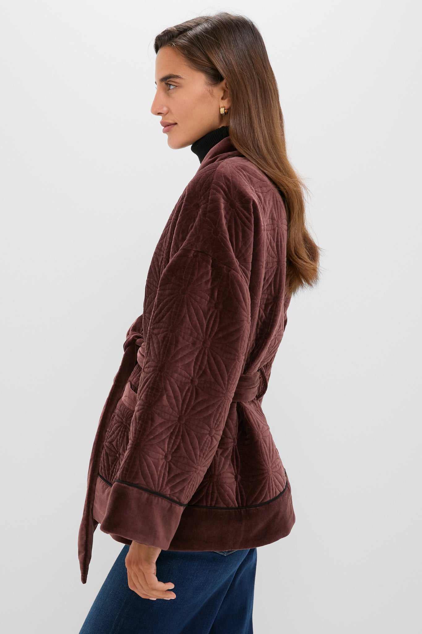 Chocolate Quilted Velvet Simone Wrap Jacket-Beilave