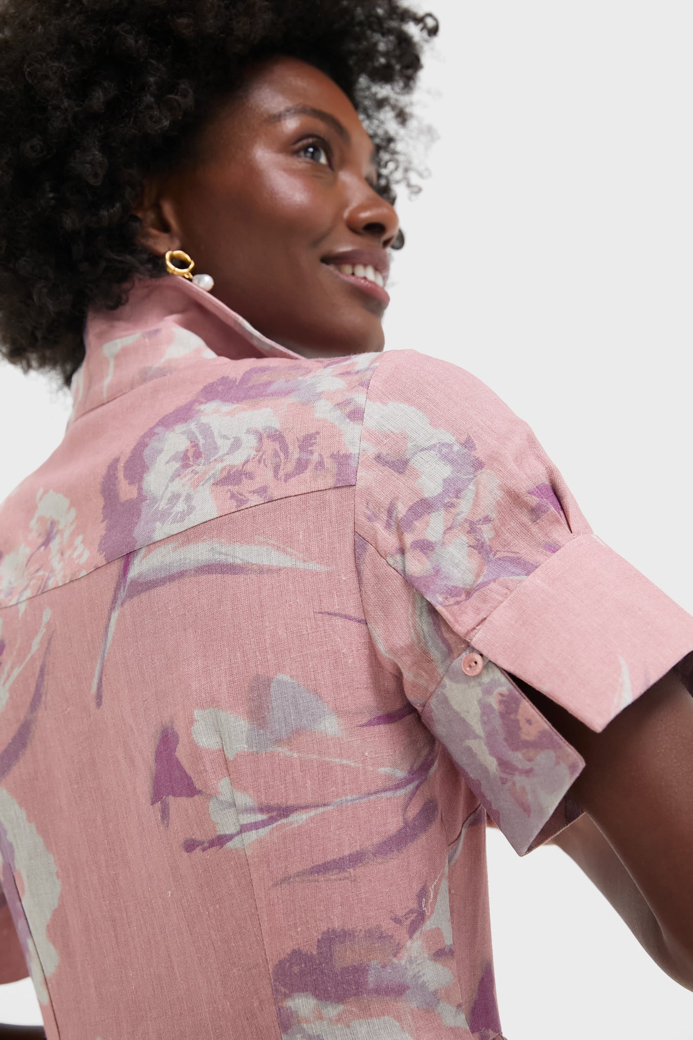 Carnation Cyanotype Rose Short Sleeve Shirt Dress-Beilave