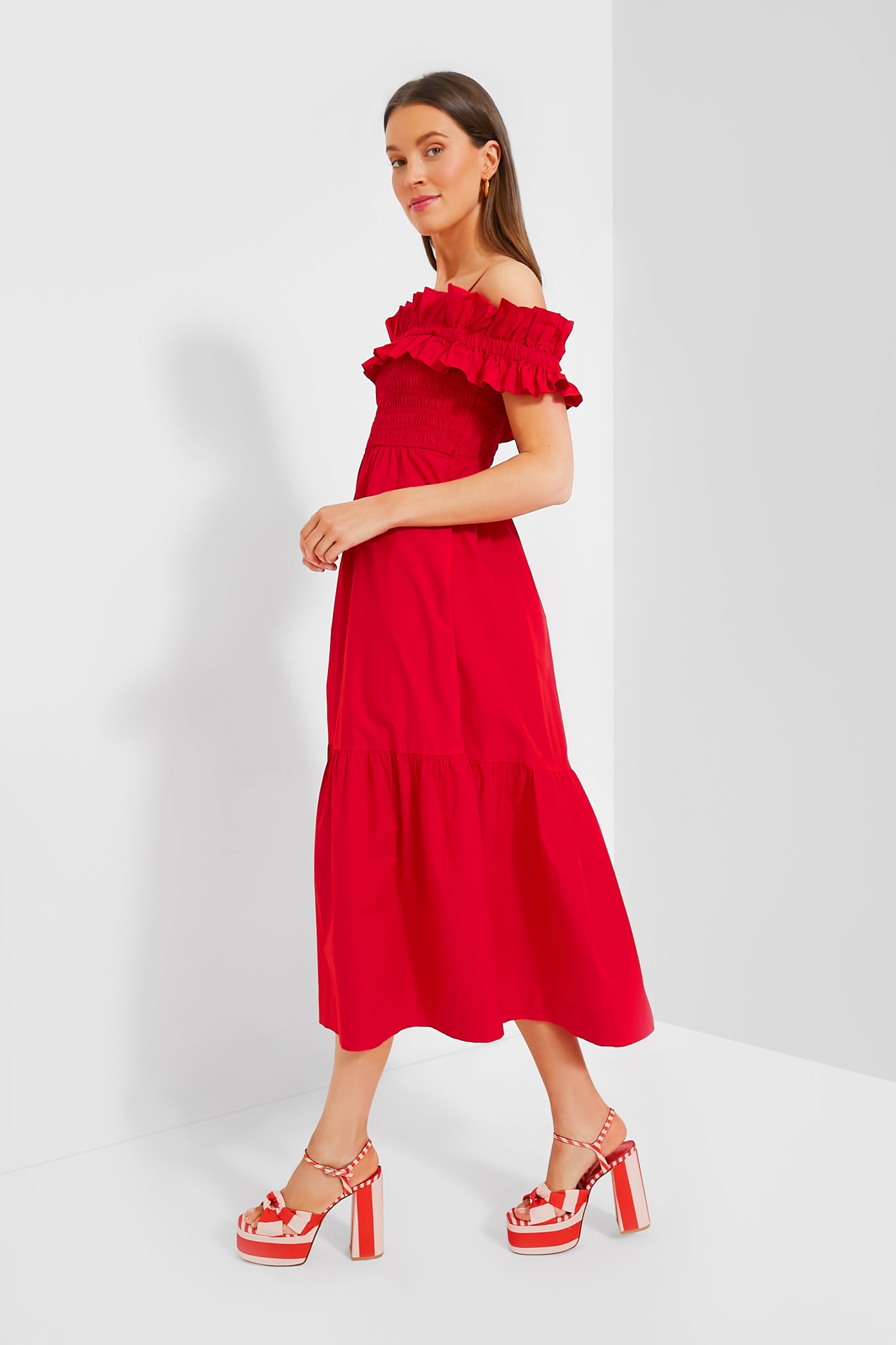 Racing Red Cotton Poplin Long Smock Dress-Beilave