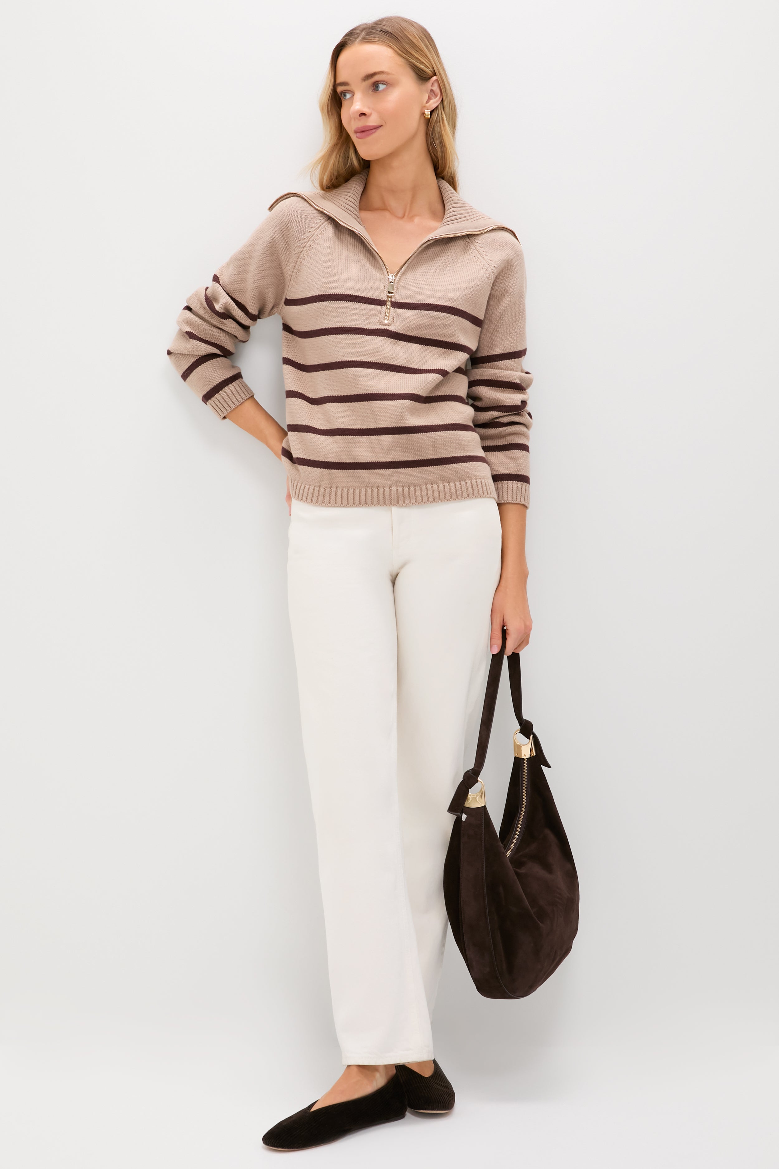 Tan & Brown Stripe Jasper Quarter Zip Sweater-Beilave