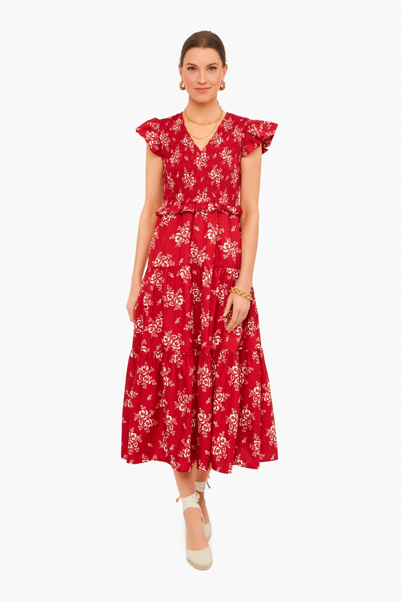 Exclusive Red Alessia Print Smocked Tiered Midi Dress-Beilave