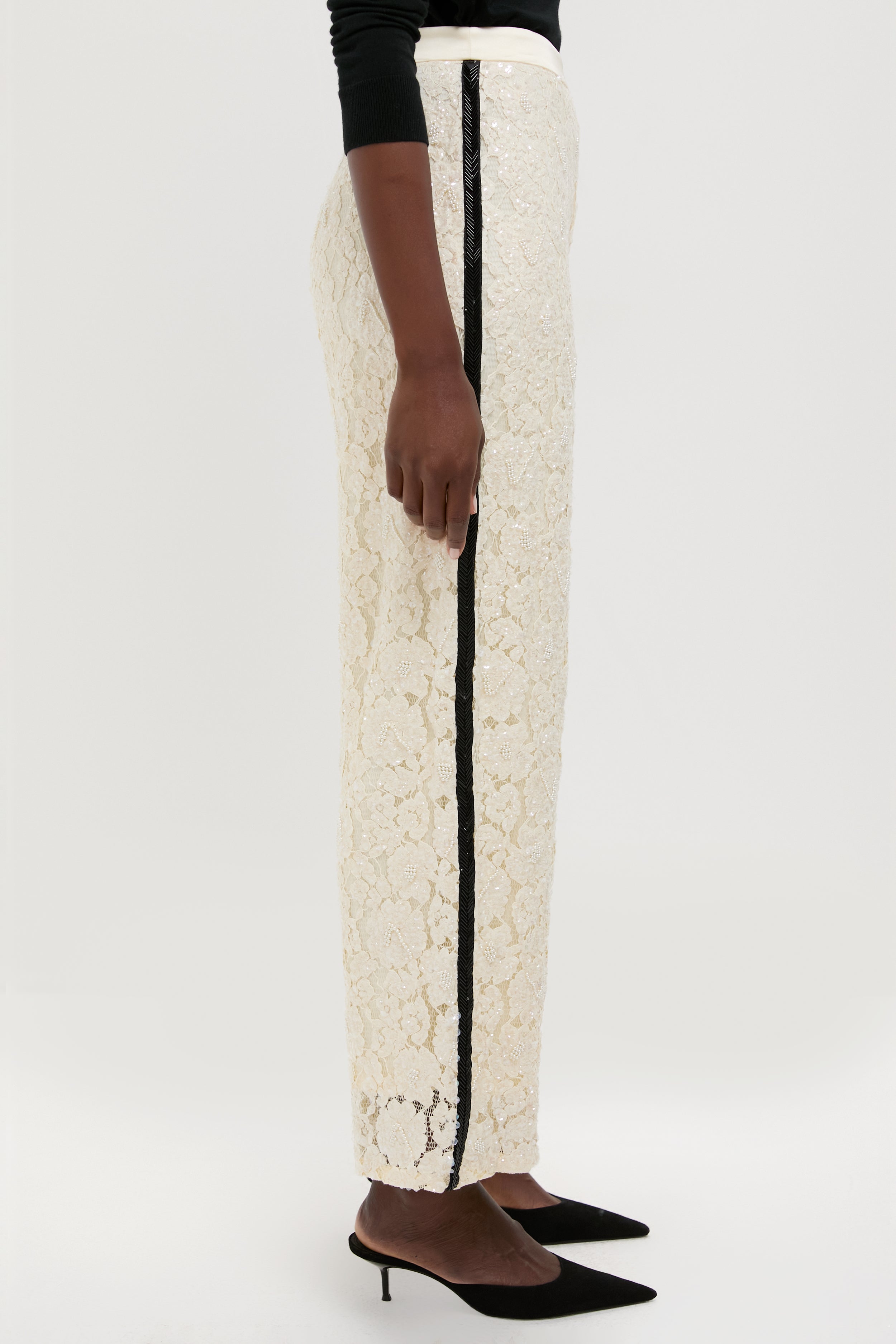 Cream Lace Sequin Straight Pants-Beilave
