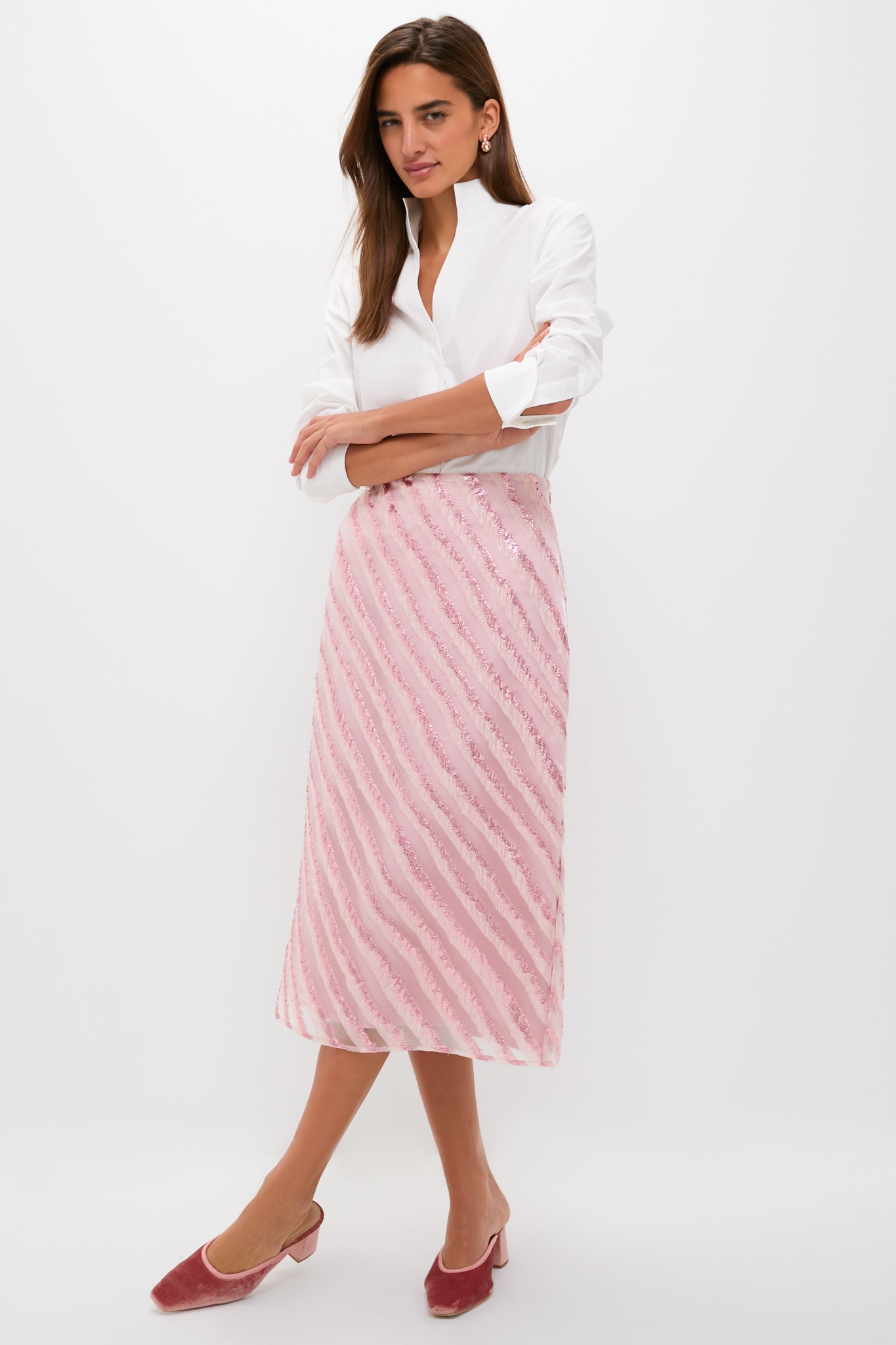 Soft Pink Shimmer Stripes Milan Midi Skirt-Beilave
