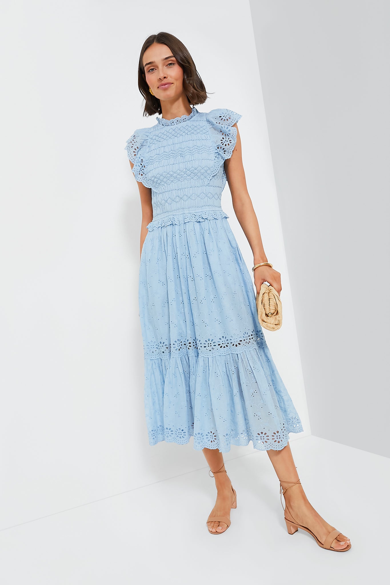 Sky Veronique Embroidery Flutter Sleeve Dress-Beilave