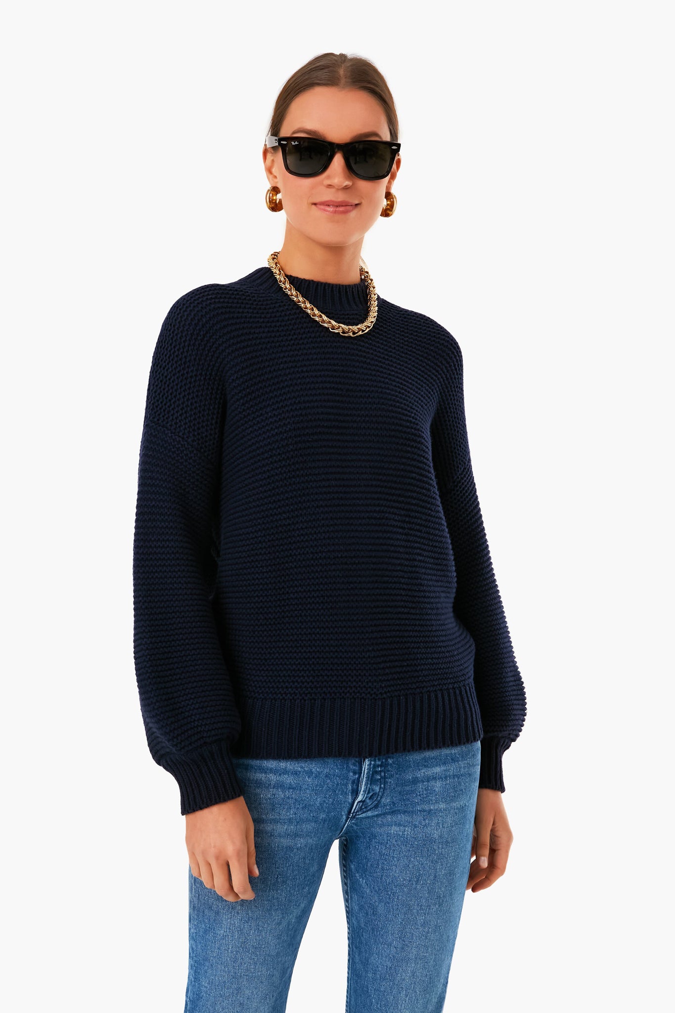 Dark Navy Button Back Crewneck Sweater-Beilave