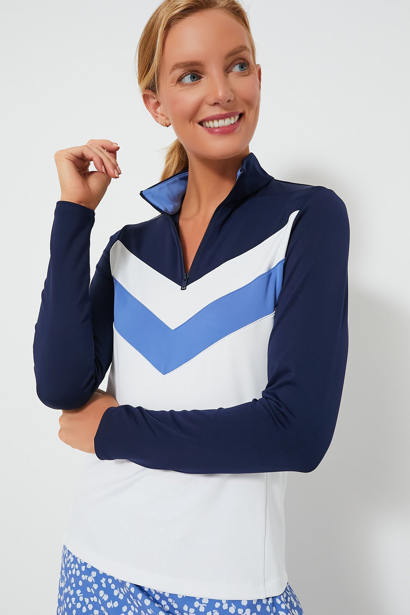 White Multi Long Sleeve Power Stretch Quarter Zip Pullover-Beilave