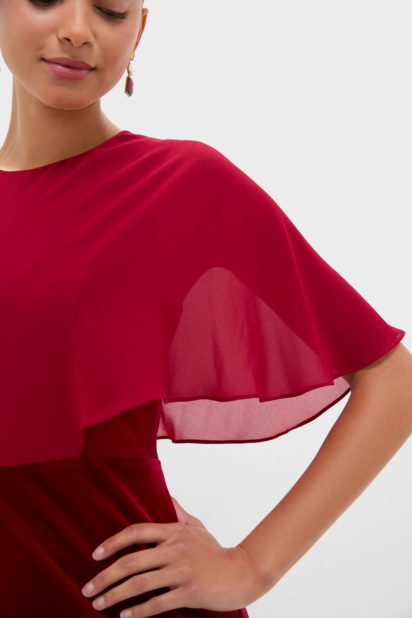 Cranberry Velvet Chiffon Mixed Media Cape Leah Dress-Beilave