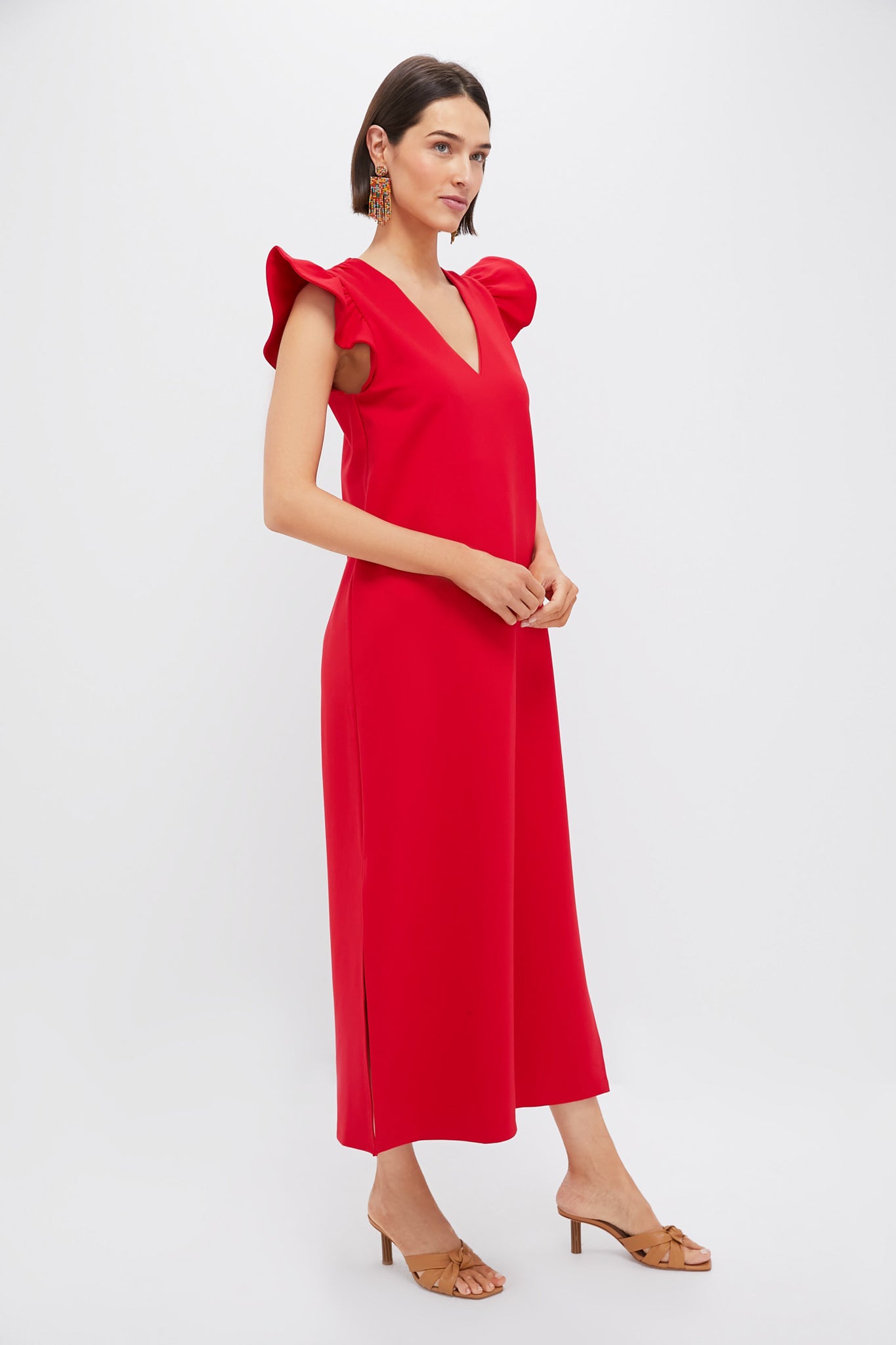 Red Flutter Sleeve Miko Dress-Beilave