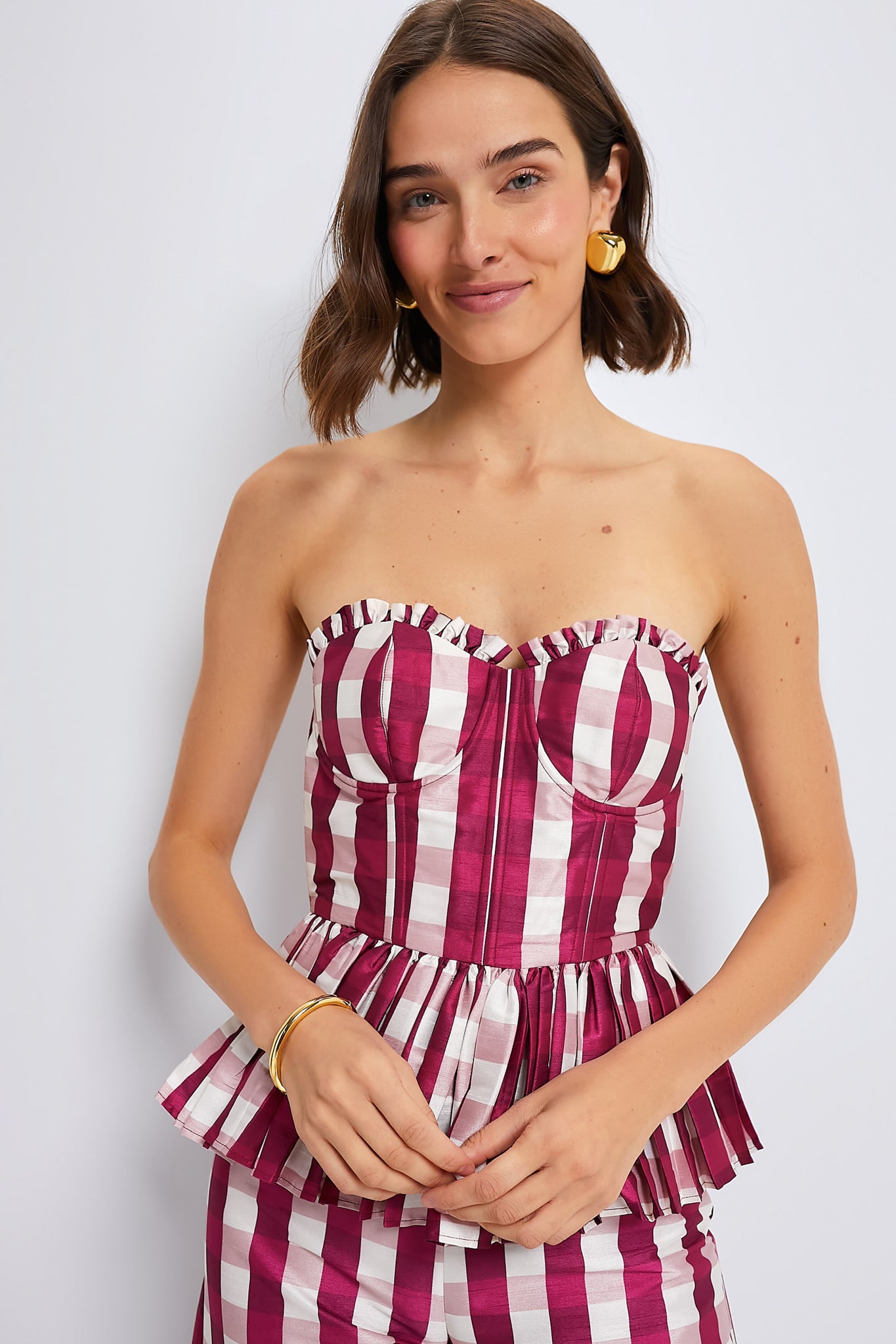 Wine Gingham Charlotte Bustier with Three Way Sleeve-Beilave