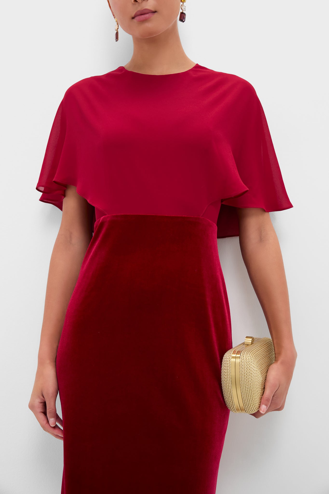 Cranberry Velvet Chiffon Mixed Media Cape Leah Dress-Beilave