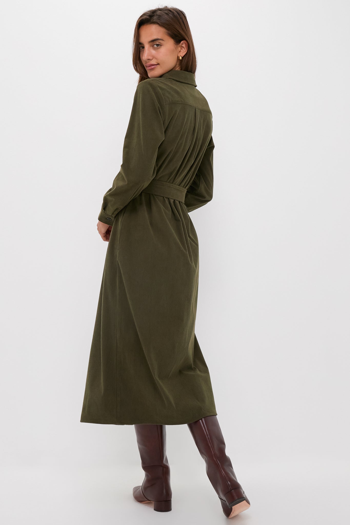 Olive Wide Wale Corduroy Tara Shirt Dress-Beilave