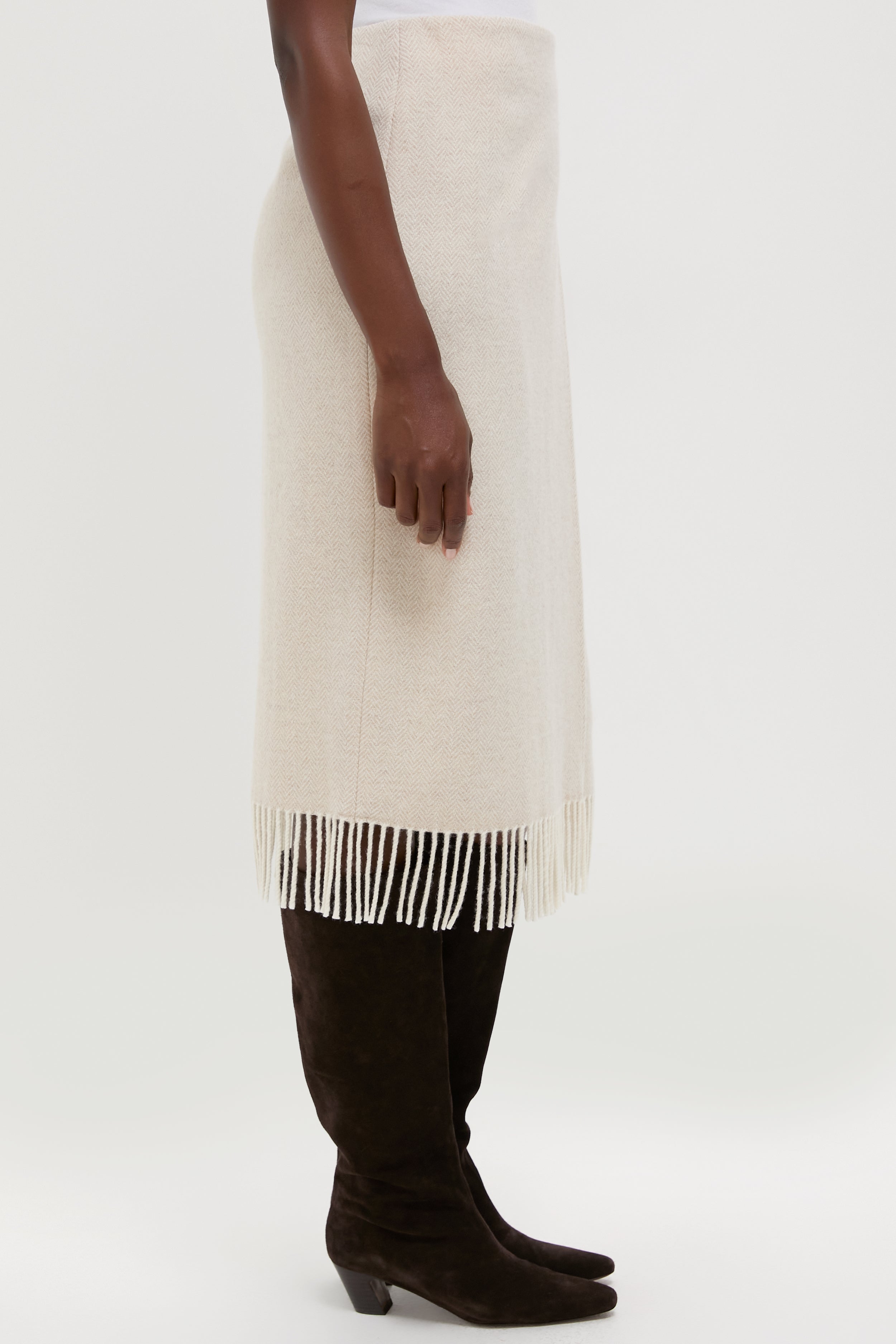 Cream Herringbone Midi Pencil Skirt-Beilave