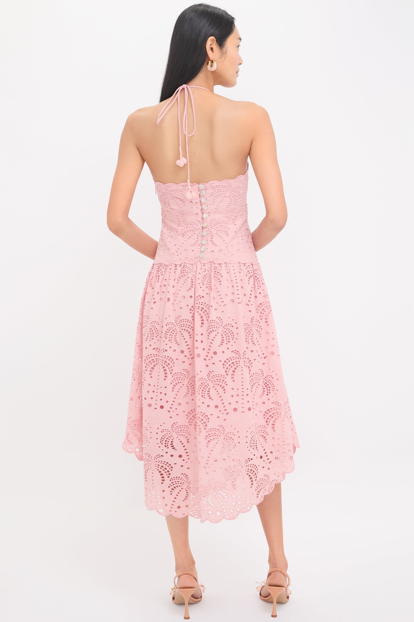 Palm Tree Eyelet Blush Pink Sleeveless Midi Dress-Beilave