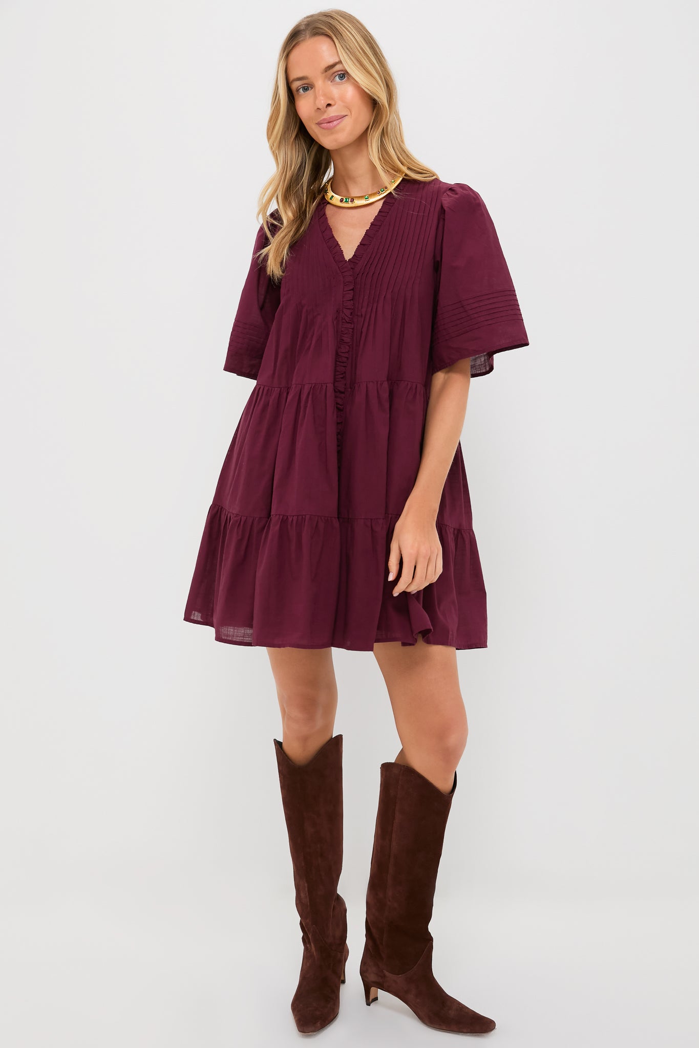 Exclusive Burgundy Anise Short Sleeve Dress-Beilave