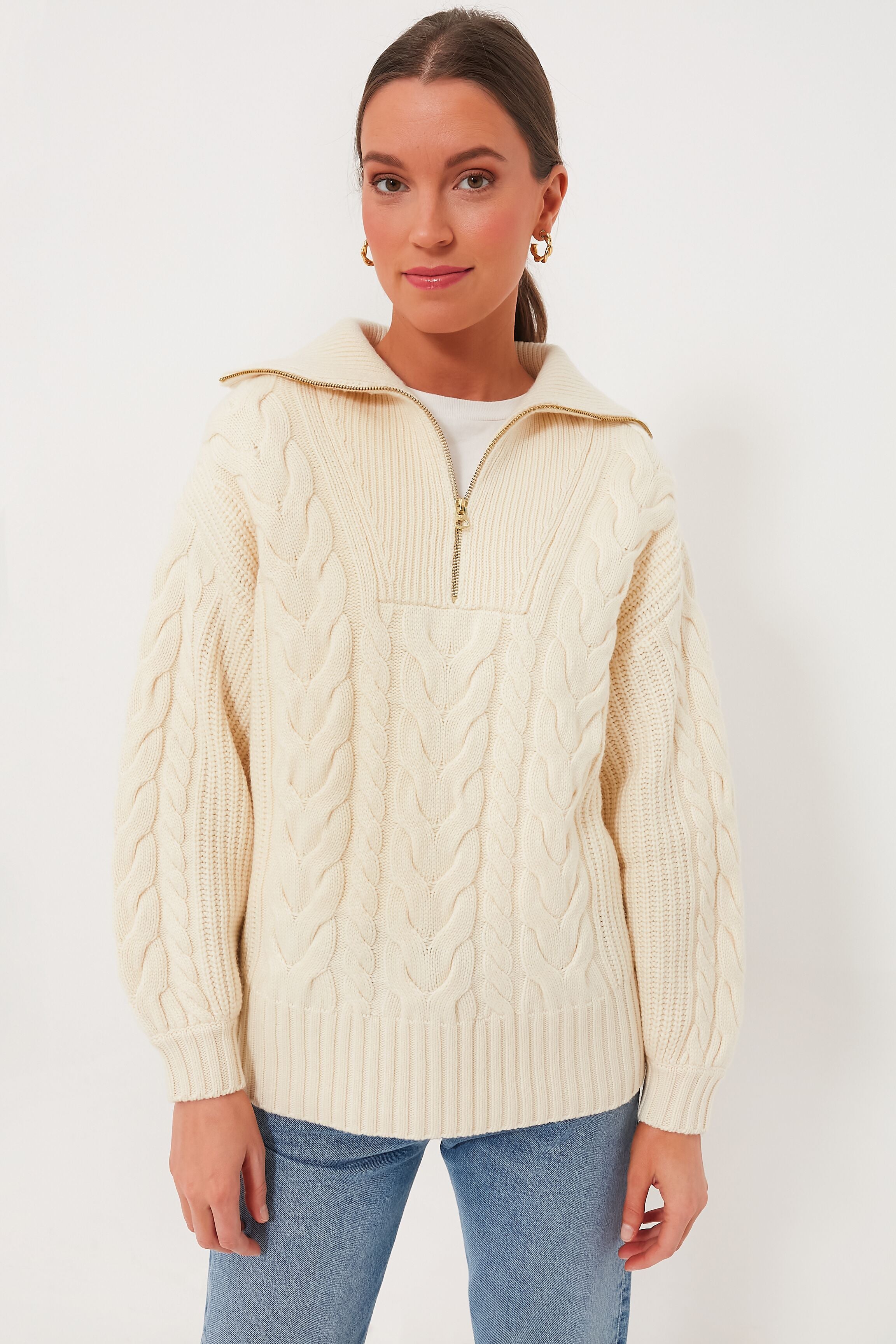 Winter White Daria Half Zip Cable Knit-Beilave