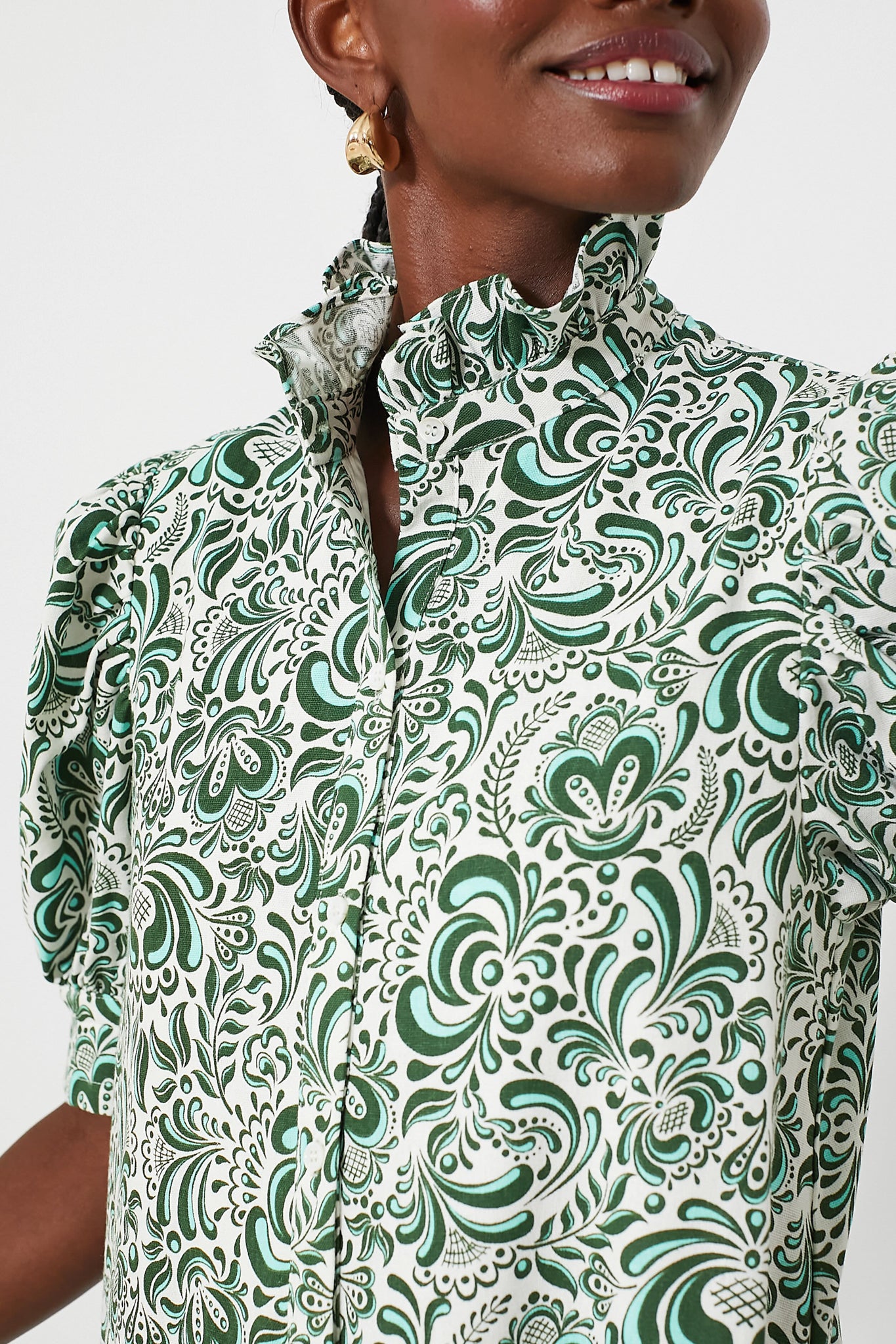 Green Floral Linen Ruffle Collar Louisa Maxi Dress-Beilave