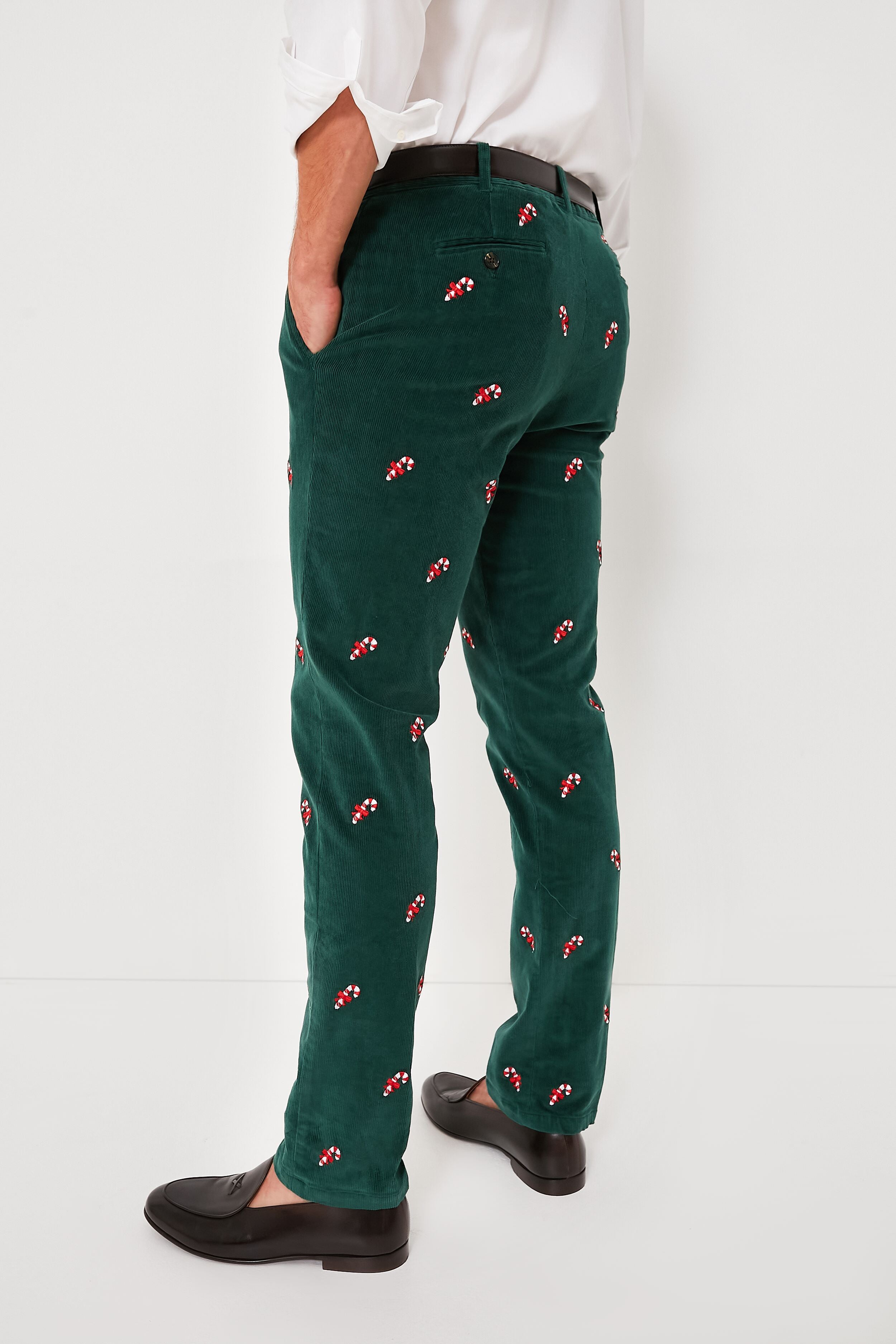 Hunter Green Candy Cane Embroidered Corduroy Pants (34" Inseam)-Beilave