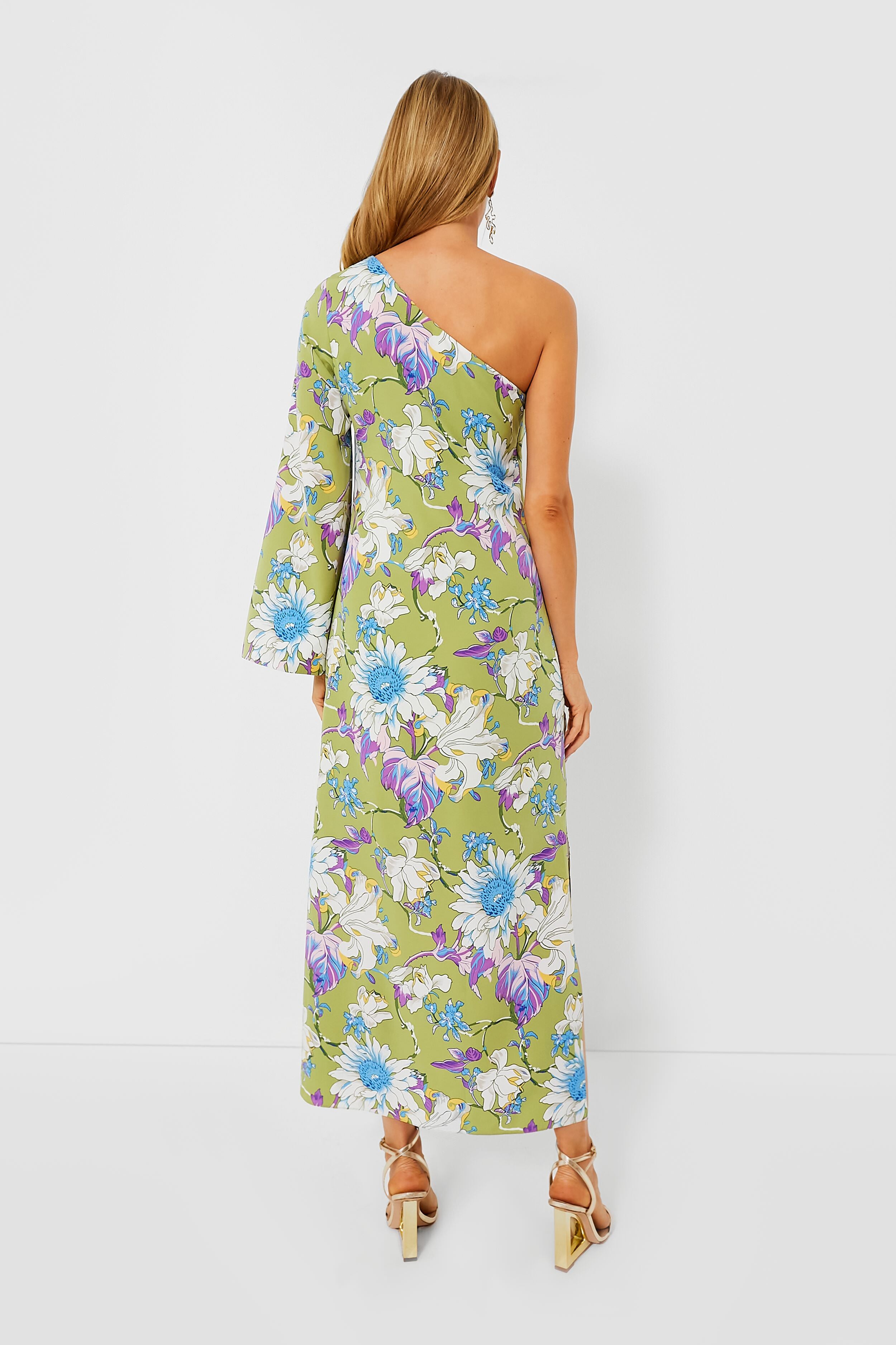 Green Floral One Shoulder Odelia Maxi Dress-Beilave