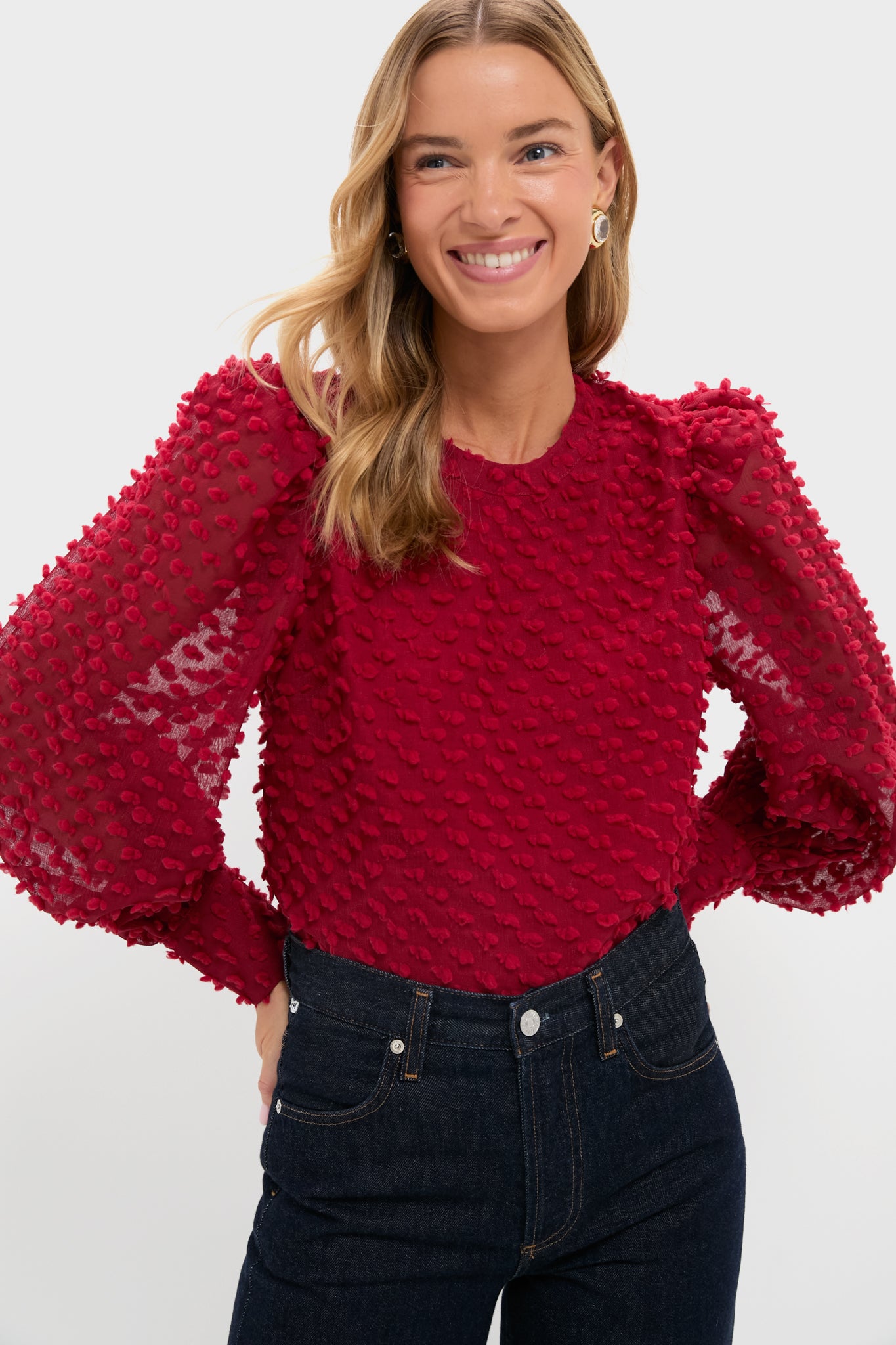 Red Textured Long Sleeve Harriet Blouse-Beilave